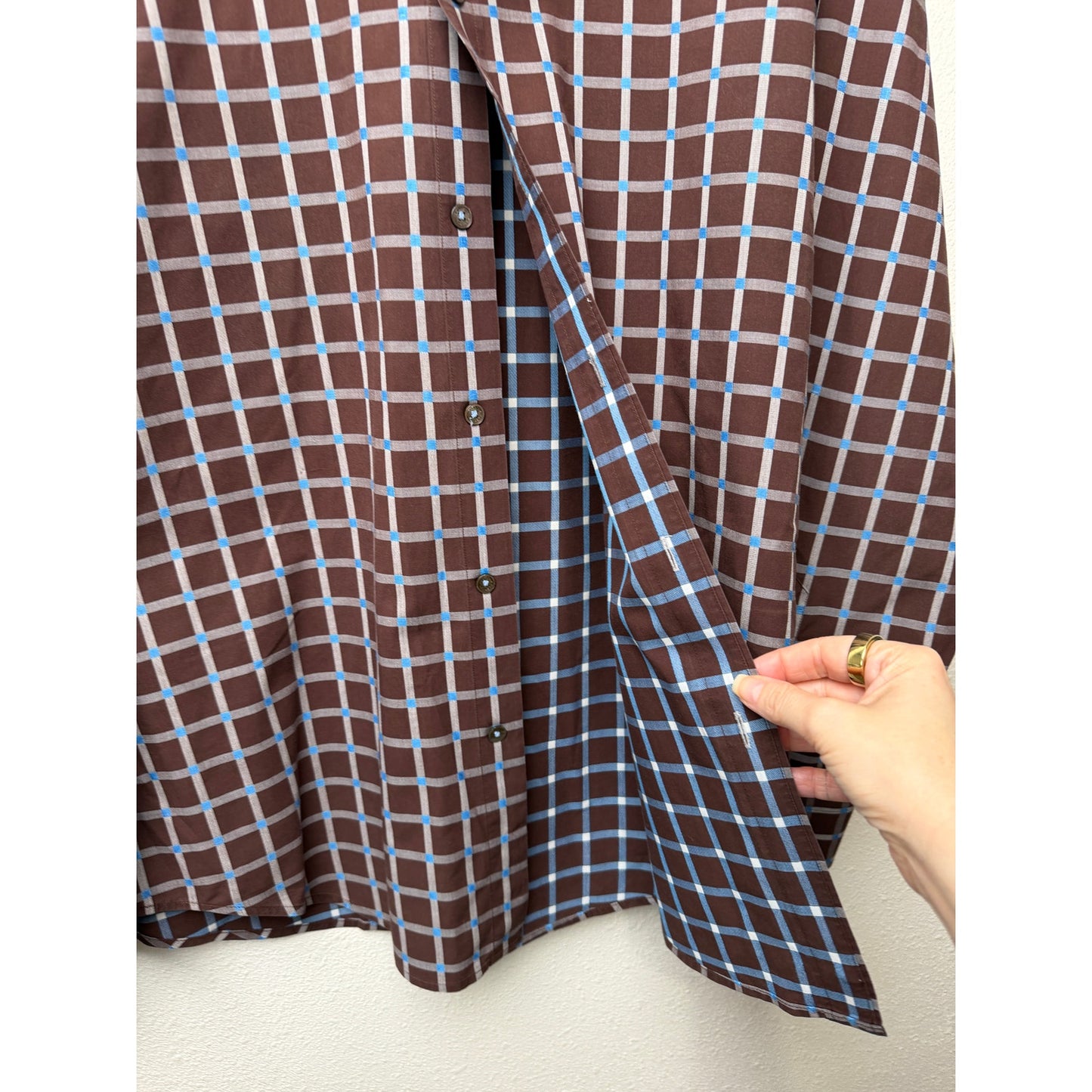 Bugatchi Plaid Button Front Long Sleeve Shirt Mens L Blue Brown