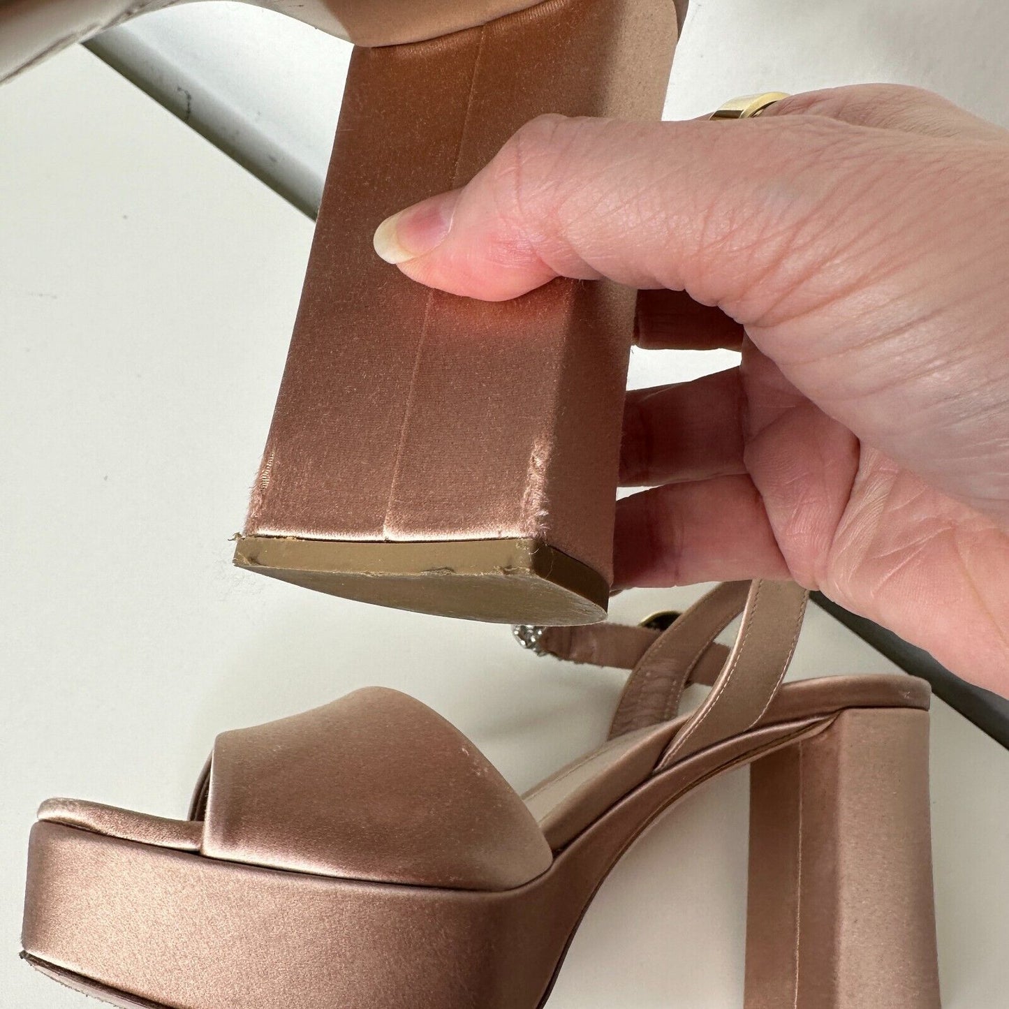 Miu Miu Nude Calzature Donna Satin Crystal Ankle Strap Platform Block Heels 10.5