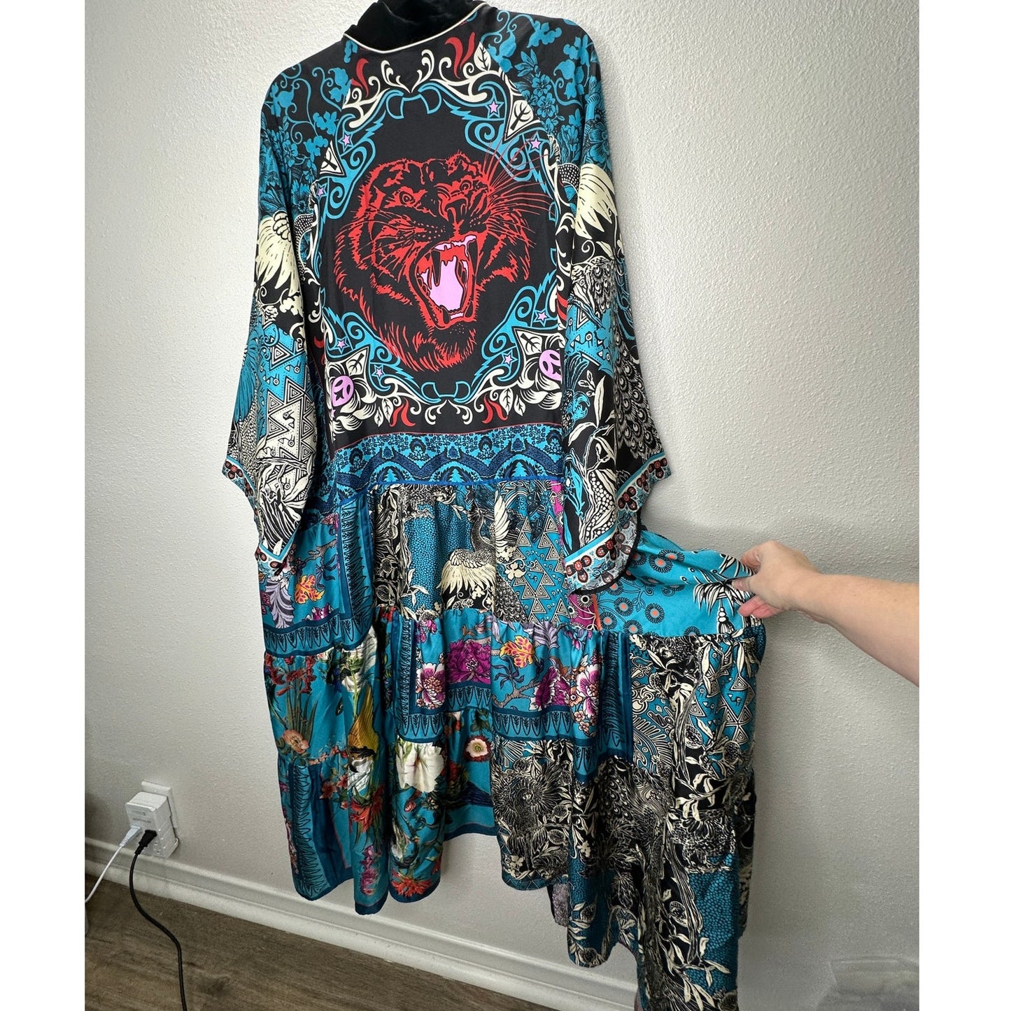 F.R.S. Cream Black Blue Red Multi Bird Floral Tiger Print Kimono M