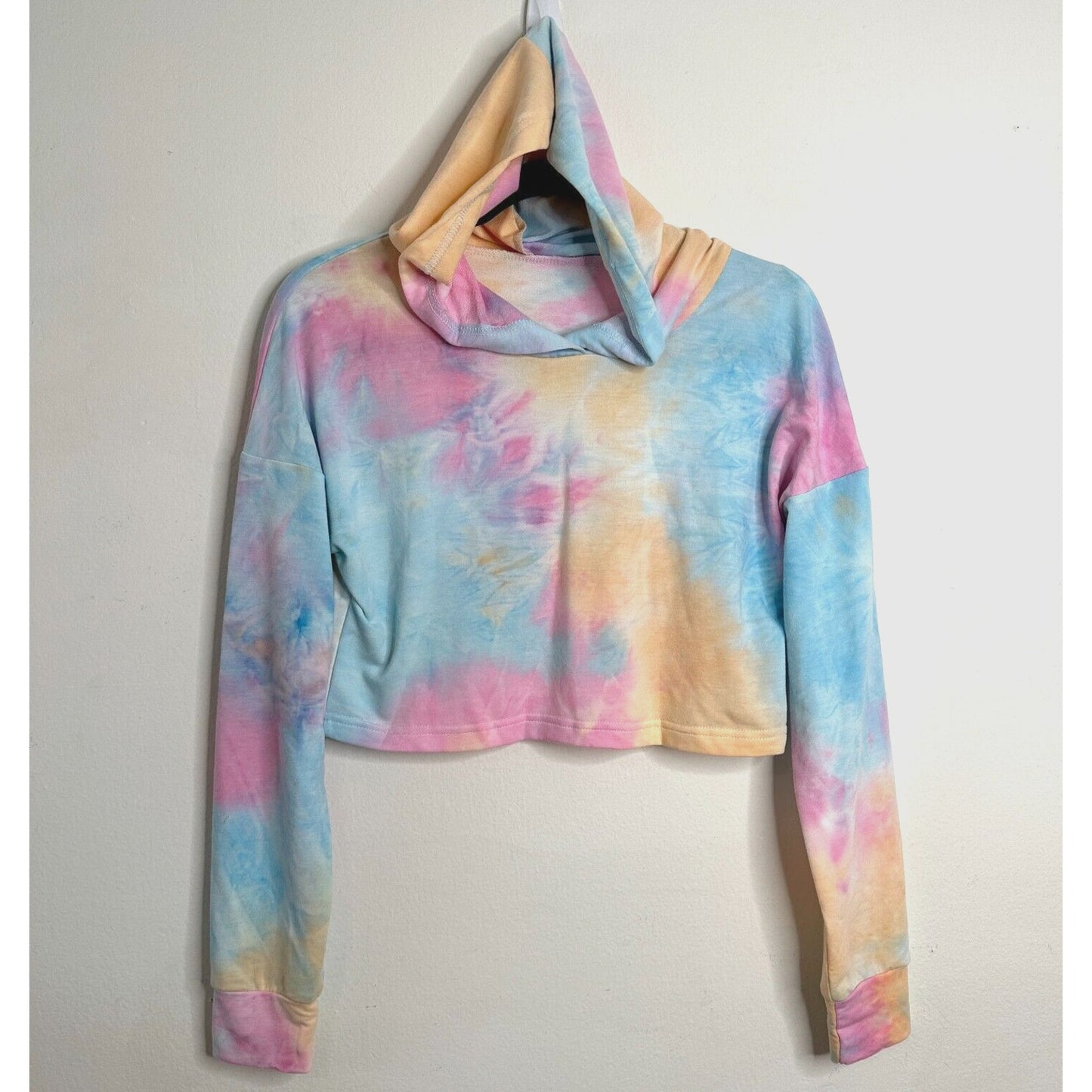 Lightweight Pale Pink Blue Tie Dye Drop Shoulder Long Sleeve Crop Hoodie Small
