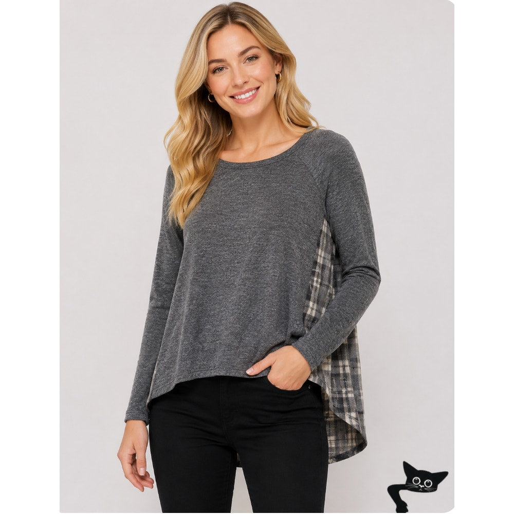 Ann Taylor Loft High Low Medium Gray Top Gray Blue & Cream Plaid Button Down XSP
