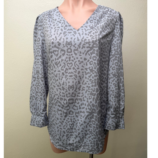 Cynthia Steffe Blue Gray Animal Print V-Neck Long Sleeve Blouse M