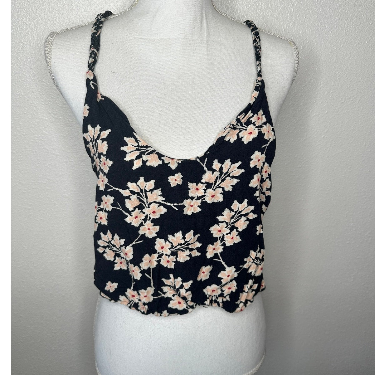 Boho Floral Braided Twist Back Tank Top XS Black Peach Cream Linen Summer Look