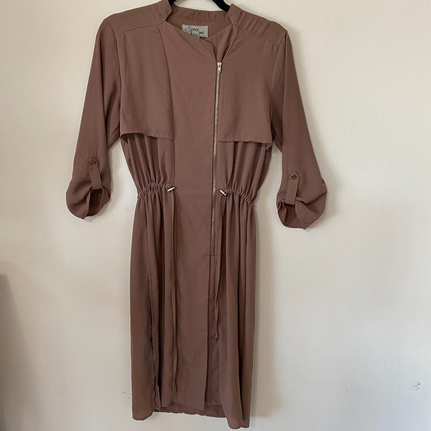 Spoon Milk Chocolate Utility Cinch Waist Tab Sleeve Shirtdress Front Zip S