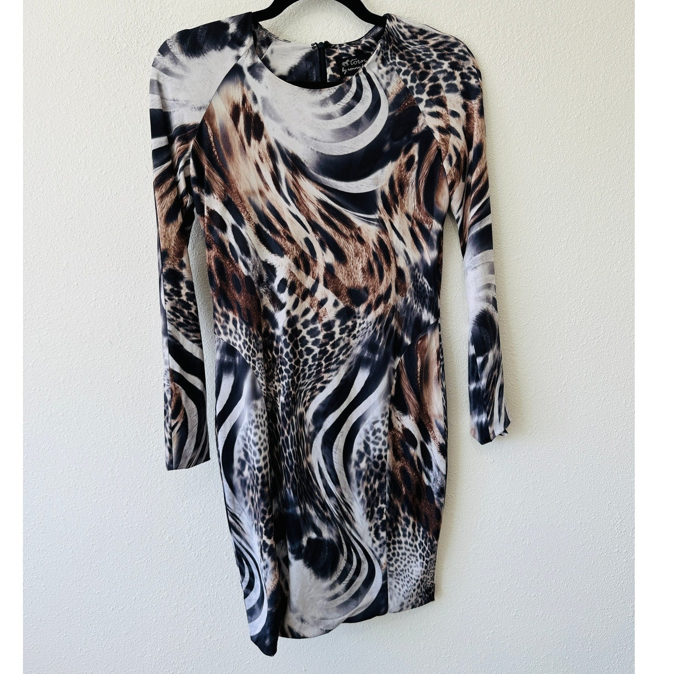 Torn by Ronny Kobo Black White Brown Animal Print Long Sleeve Bodycon Dress S