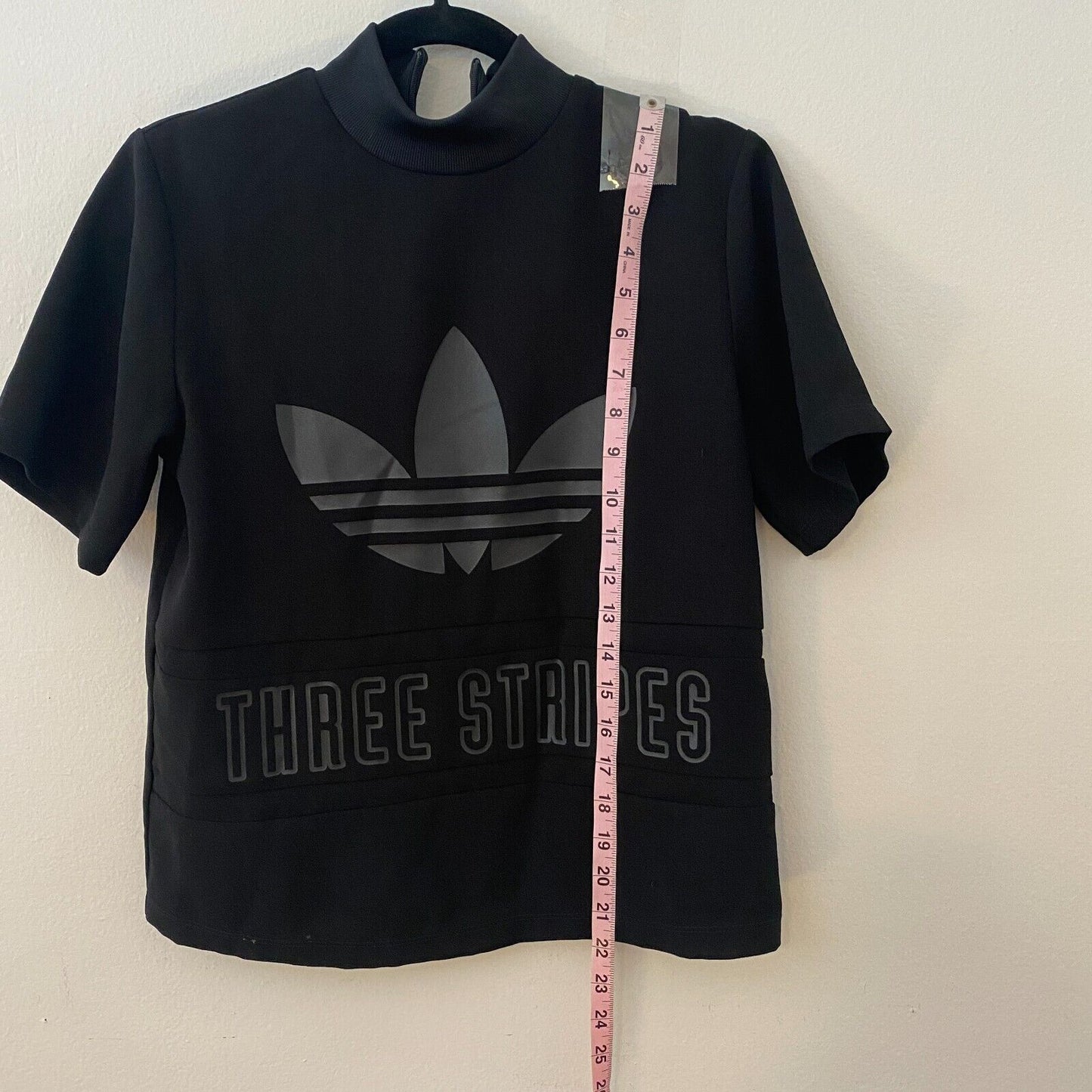 Adidas Black Trefoil Three Stripe Graphic Mock Neck Back Zip Short Sleeve Top S