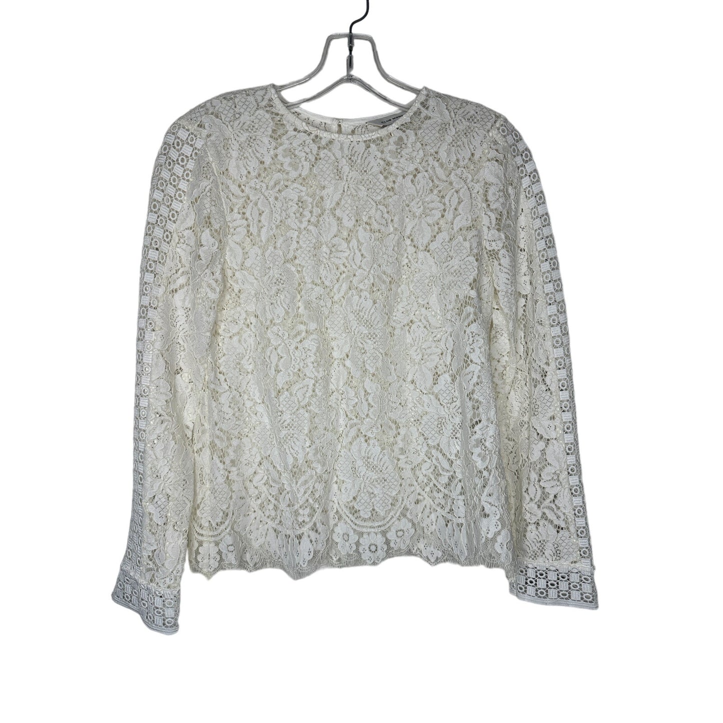 Club Monaco Ivory Floral Lace Round Neck Keyhole Back Long Sleeve Scalloped Hem Blouse XS