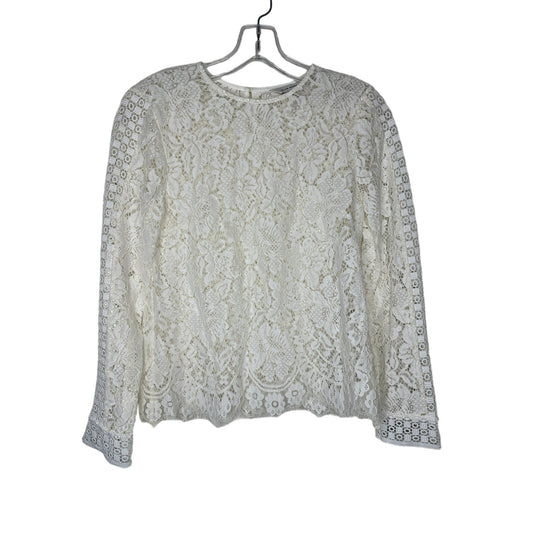 Club Monaco Ivory Floral Lace Round Neck Keyhole Back Long Sleeve Scalloped Hem Blouse XS