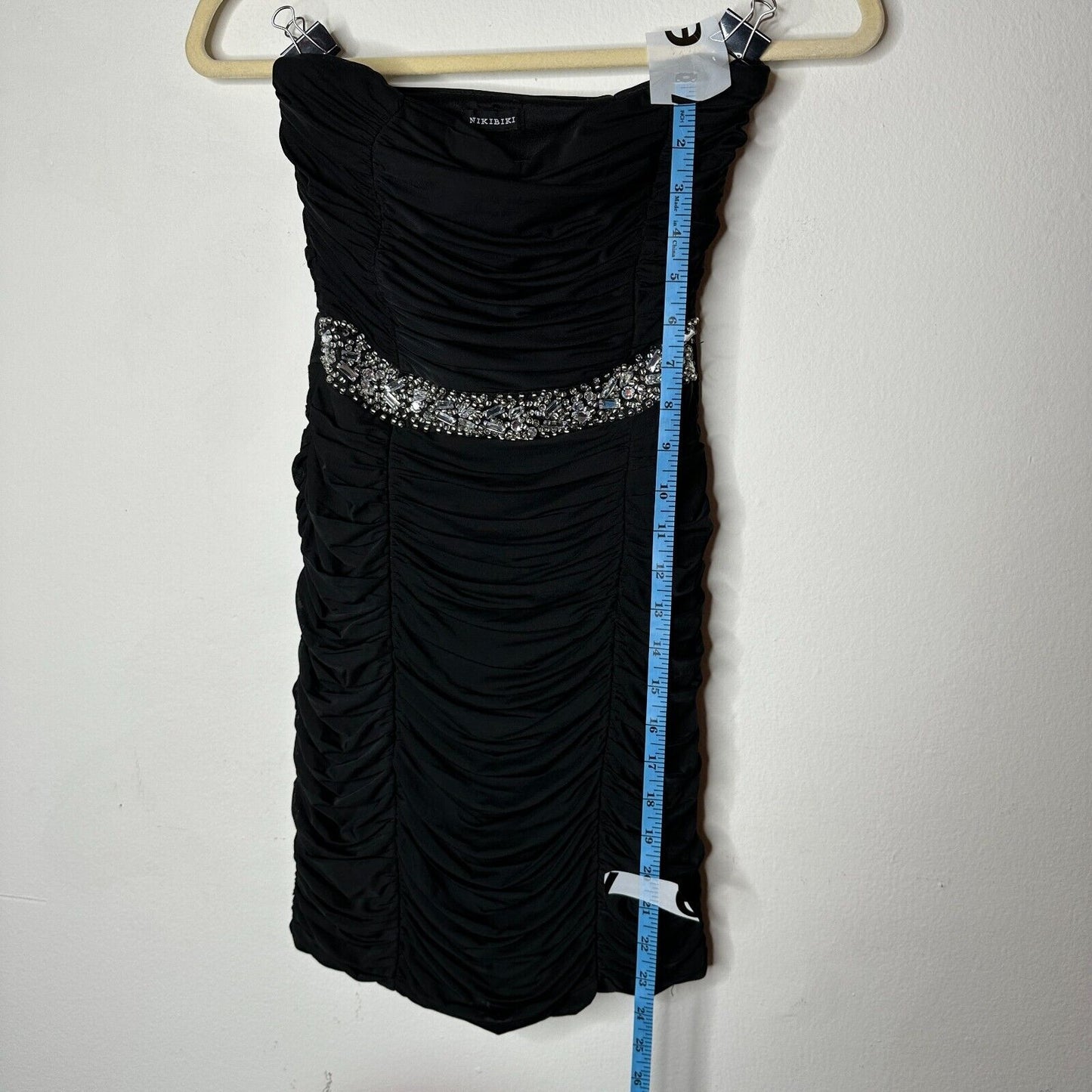 Nikibiki Black Strapless Ruched Bedazzled Rhinestone Front Waist Belt Mini Small