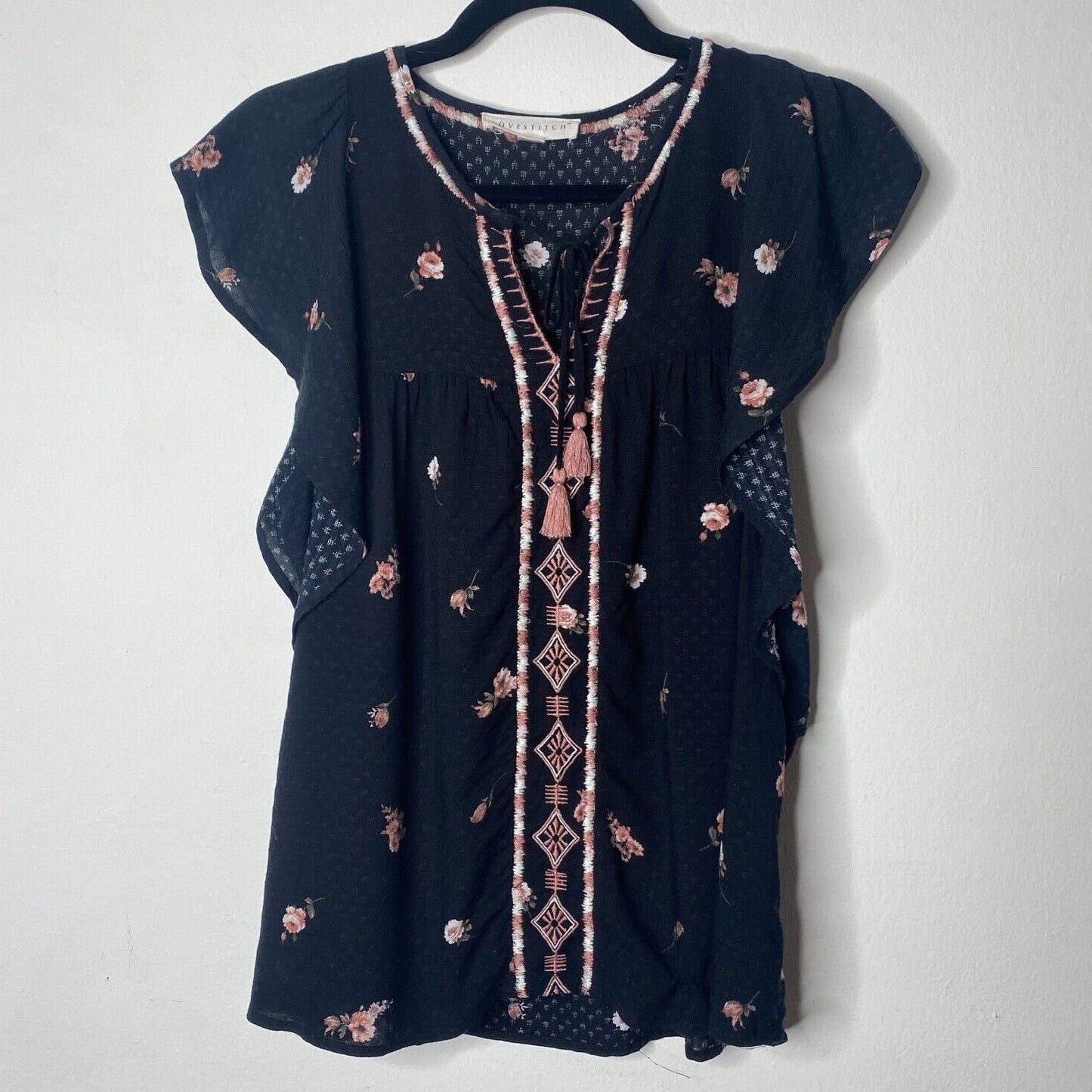 Lovestitch Black Pink White Floral Aztec Front Tie Side Ruffle Sleeveless Top SM