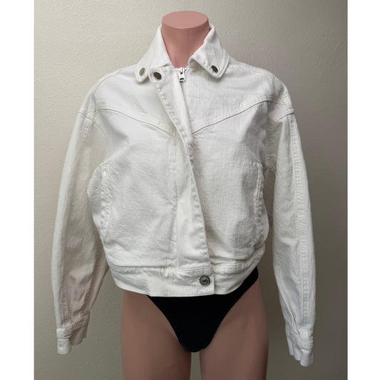 Abercrombie & Fitch White Cropped Zip Front Denim Jacket Size M