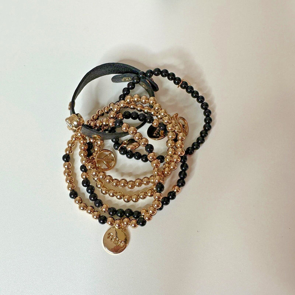 NWOT Macy's Black & Gold Multilayer Skull Heart Peace Bead Leather Wrap Bracelet