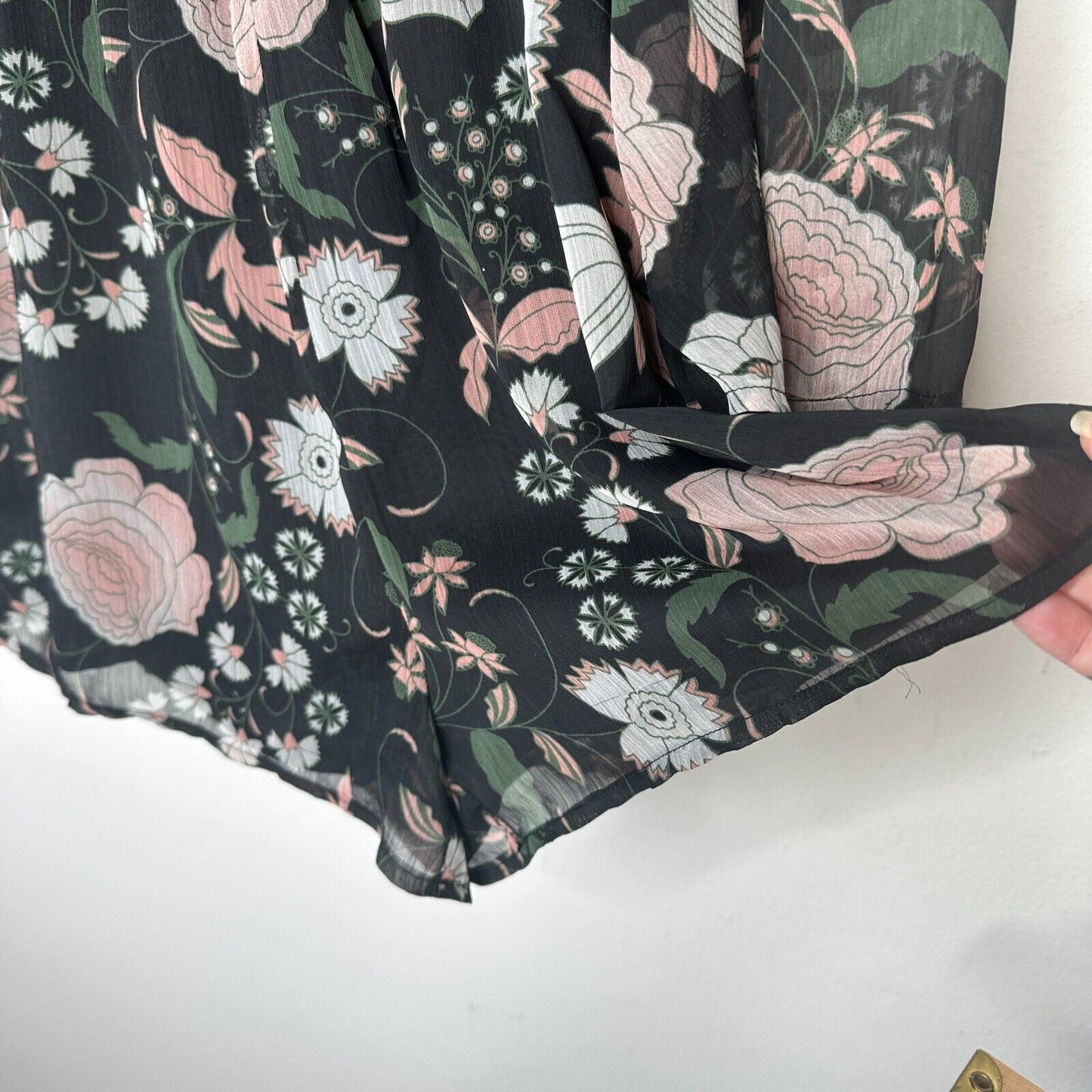 BB Dakota Tullia Black Pink Gray Floral Long Bell Sleeve Romper Mock Neck S