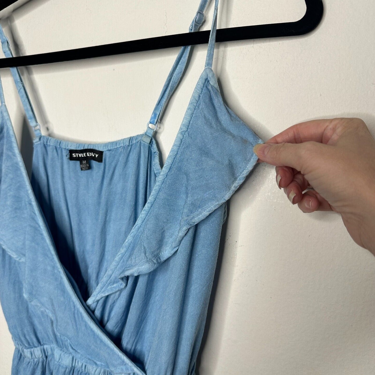 Light Denim Blue Rayon V-Neck Faux Wrap Ruffle Spaghetti Adj Strap Blouse Med