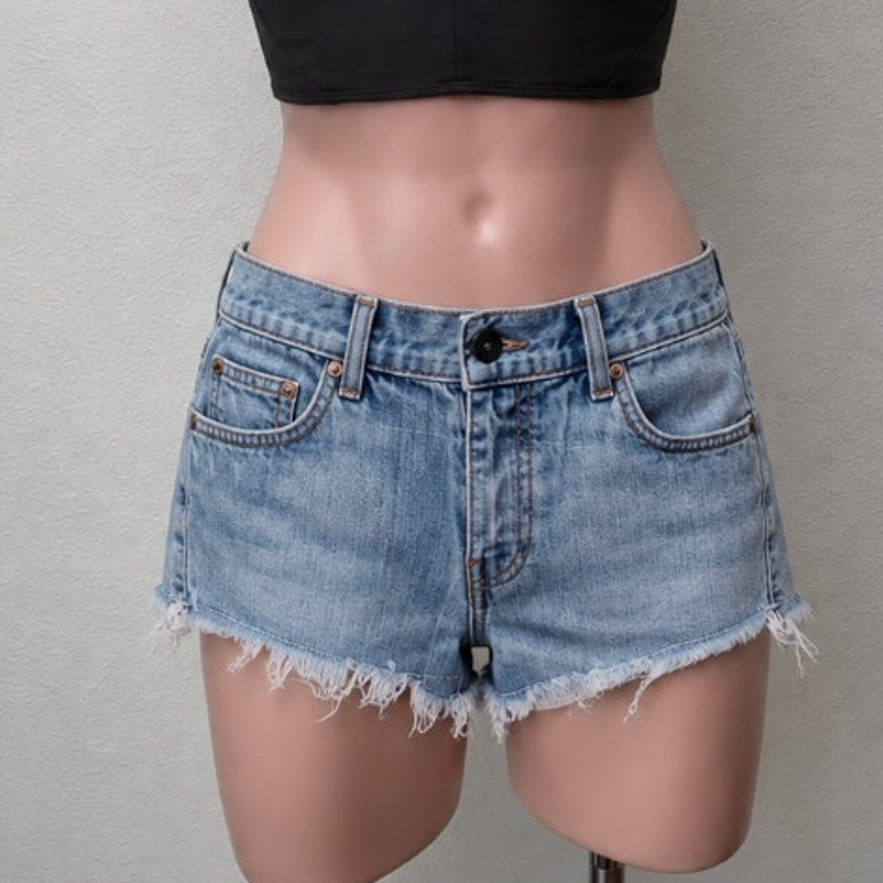 RARE Vans X Jesse Jo Medium -Wash Leopard Print Waist Raw Hem Jean Shorts 11