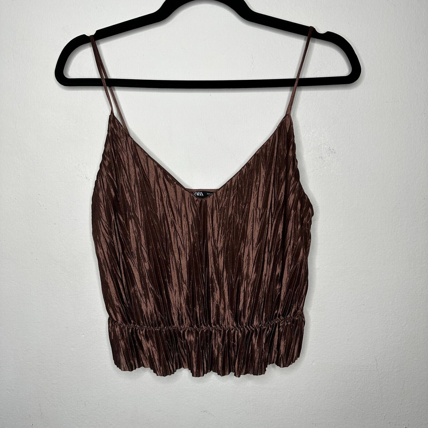 Zara Bronze Brown Travel Crinkle Satin Peplum Tank Spaghetti Strap V-Neck S