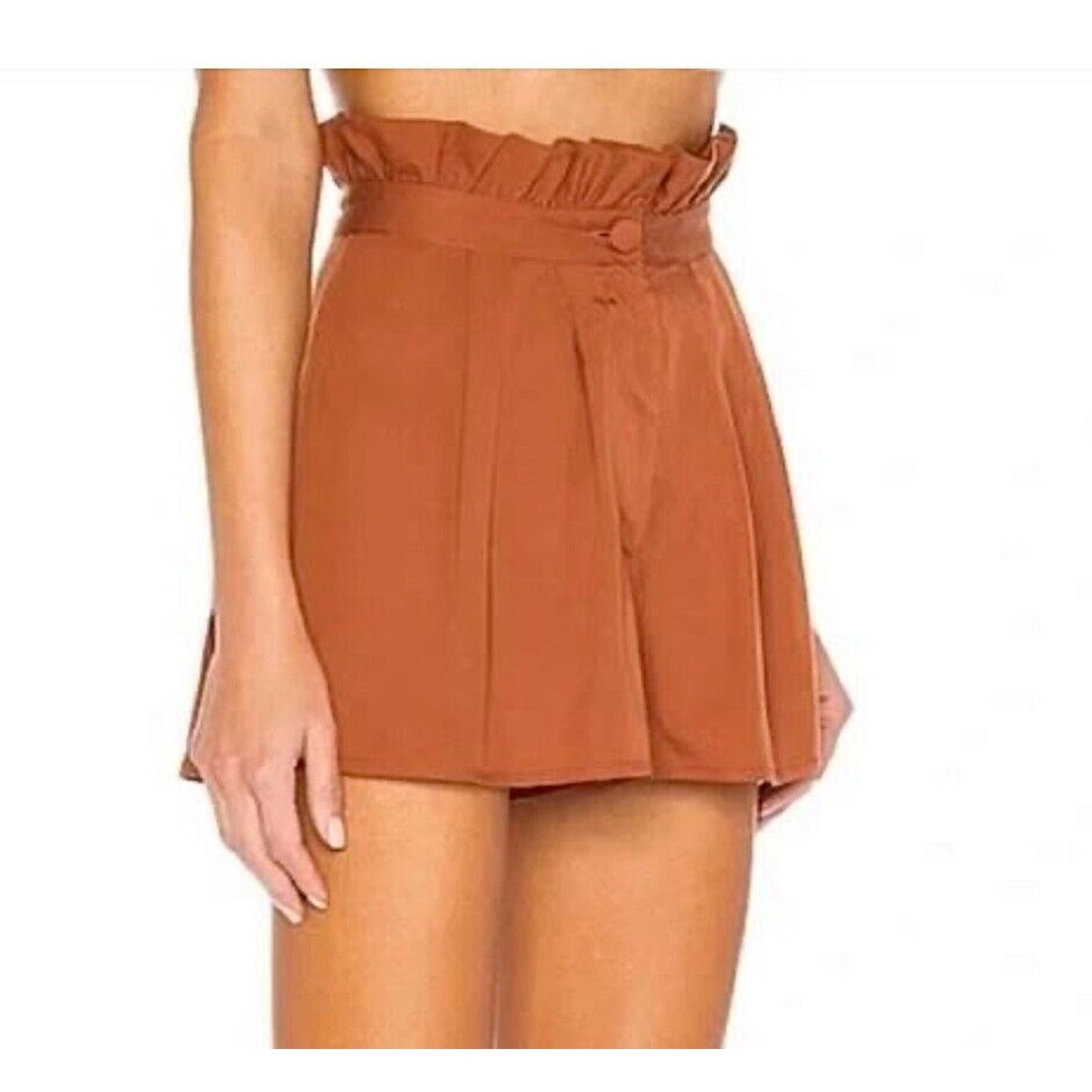 Revolve Lovers + Friends Rust Paperbag Tati High-Waist Pleated Button Shorts L