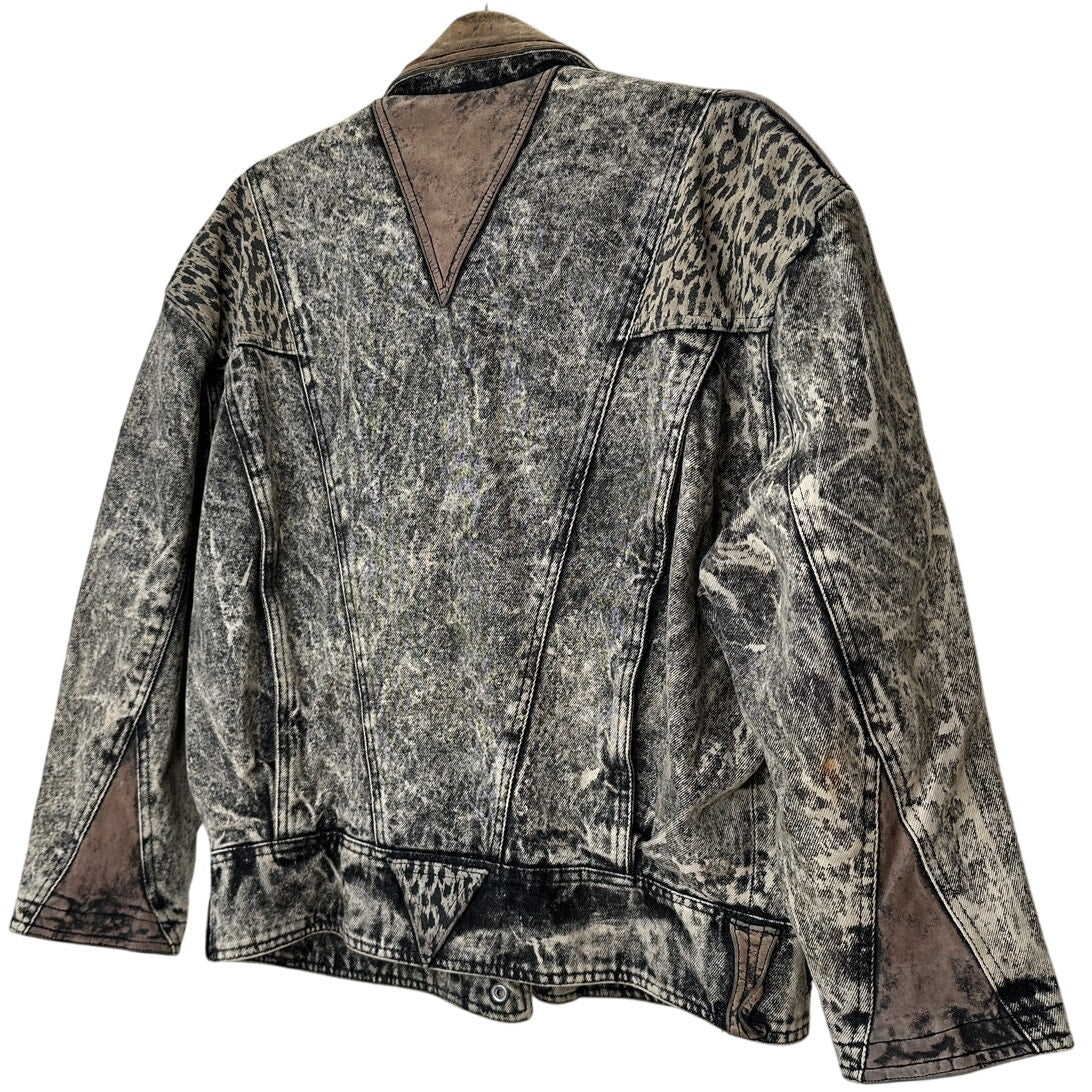 Winlit Vintage Tan Black Suede & Denim Acid Wash Animal Print Biker Jacket S