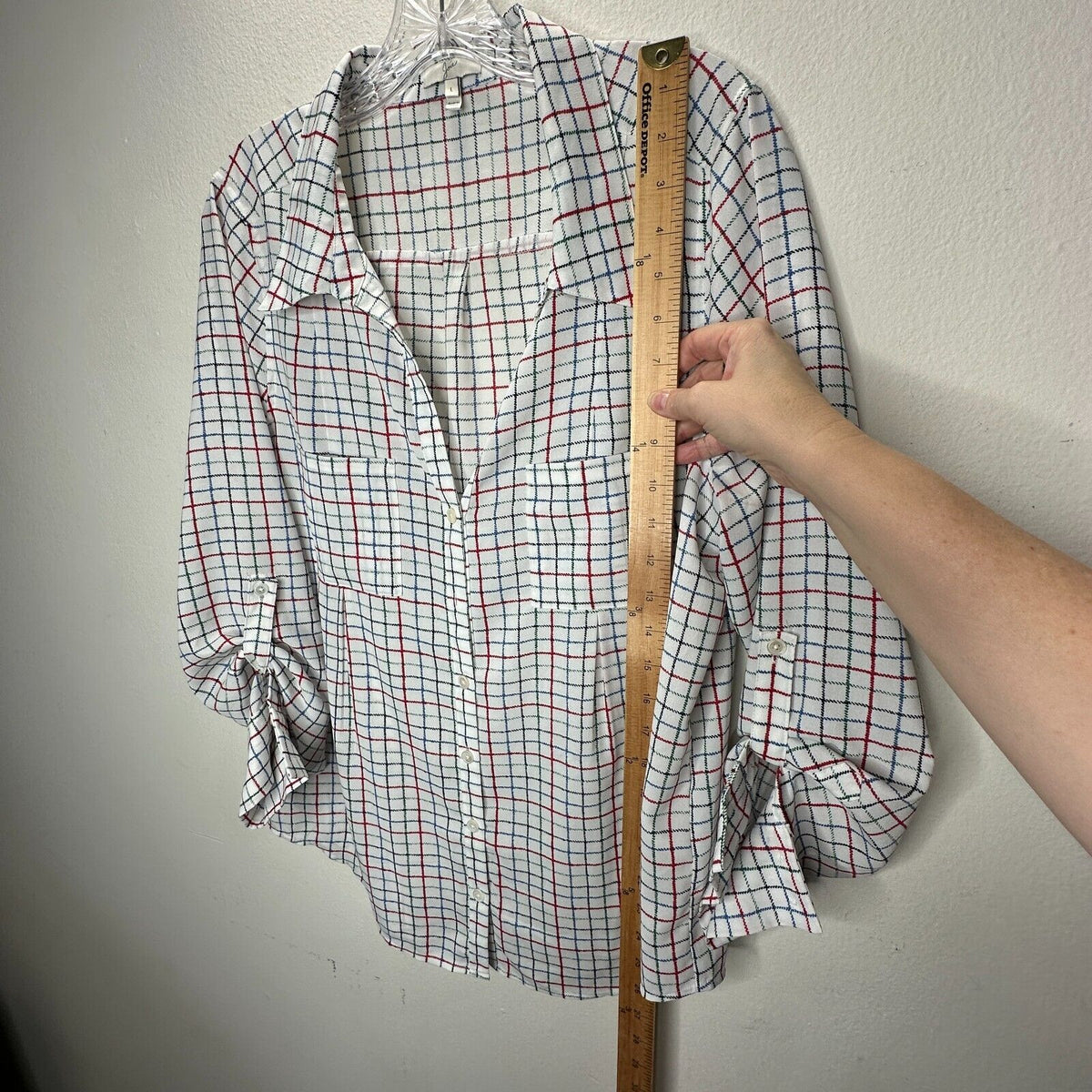 Joie White Red Blue Black & Green Plaid Front Button Pockets Long Sleeve Shirt L