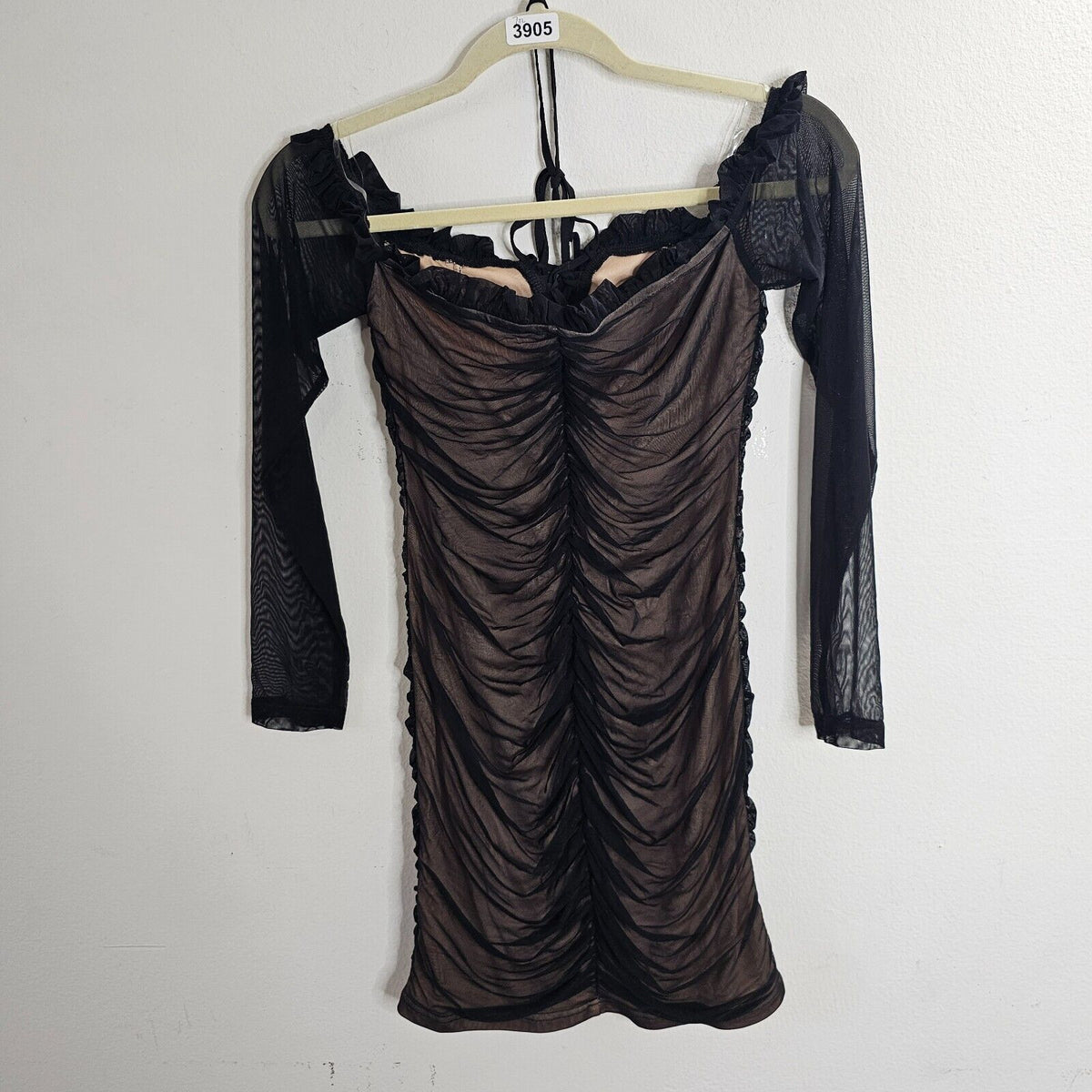 NWT Black and Nude Maura Mesh Ruched Off-Shoulder Long Sheer Sleeve Mini Dress M