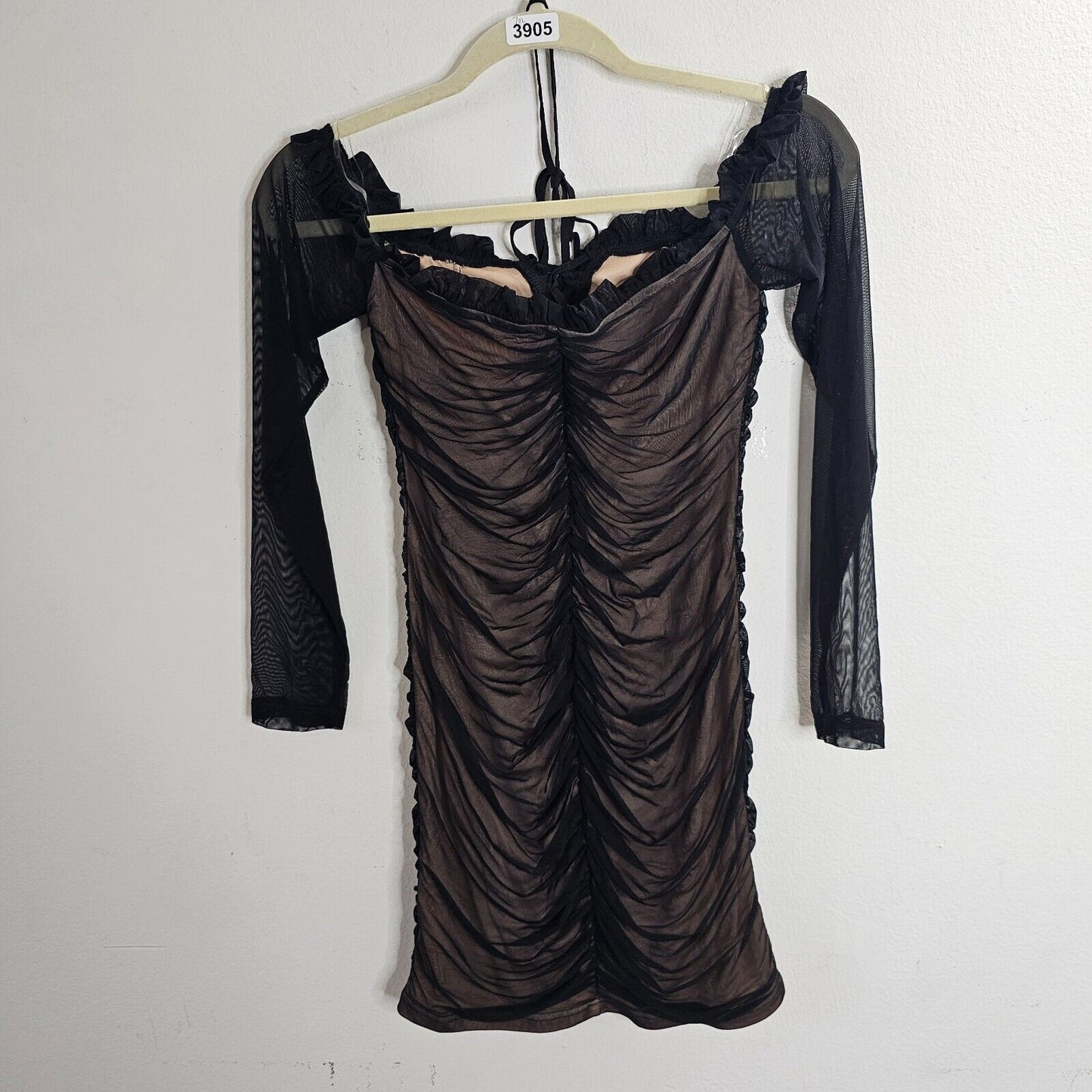 NWT Black and Nude Maura Mesh Ruched Off-Shoulder Long Sheer Sleeve Mini Dress M
