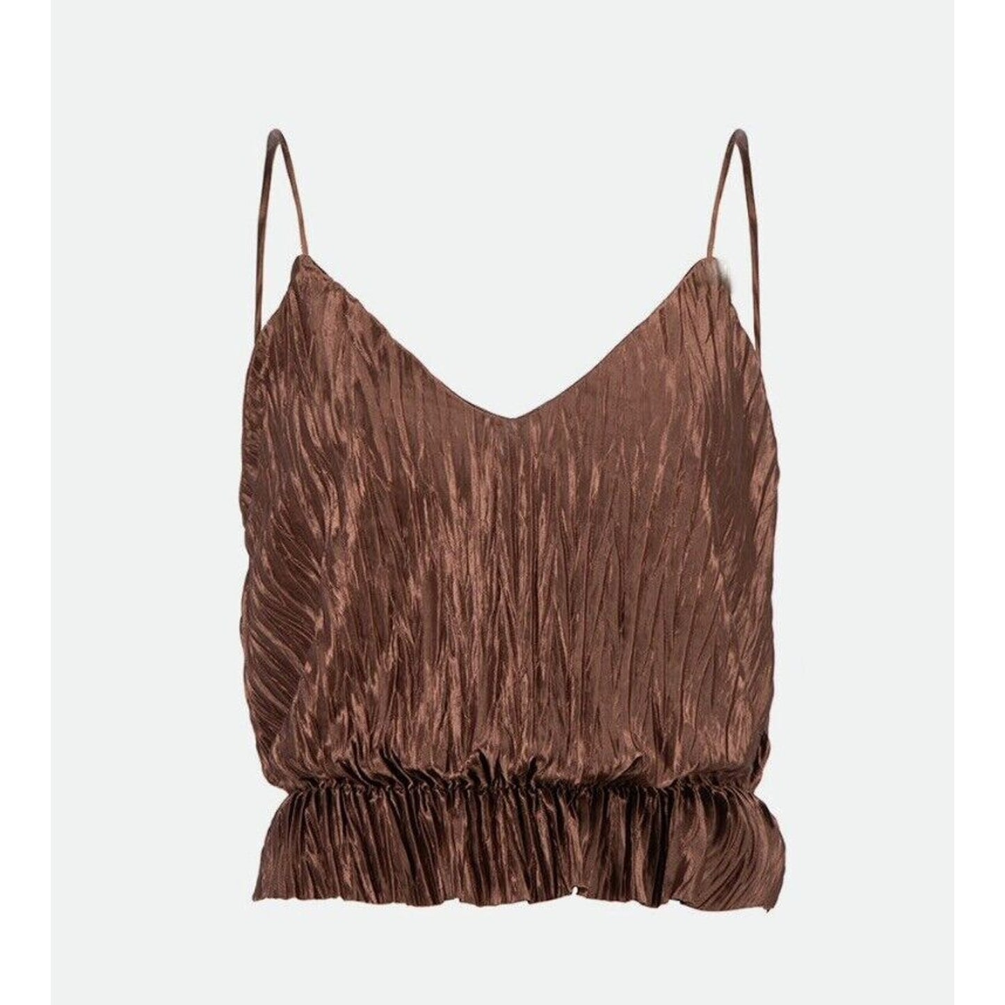 Zara Bronze Brown Travel Crinkle Satin Peplum Tank Spaghetti Strap V-Neck S