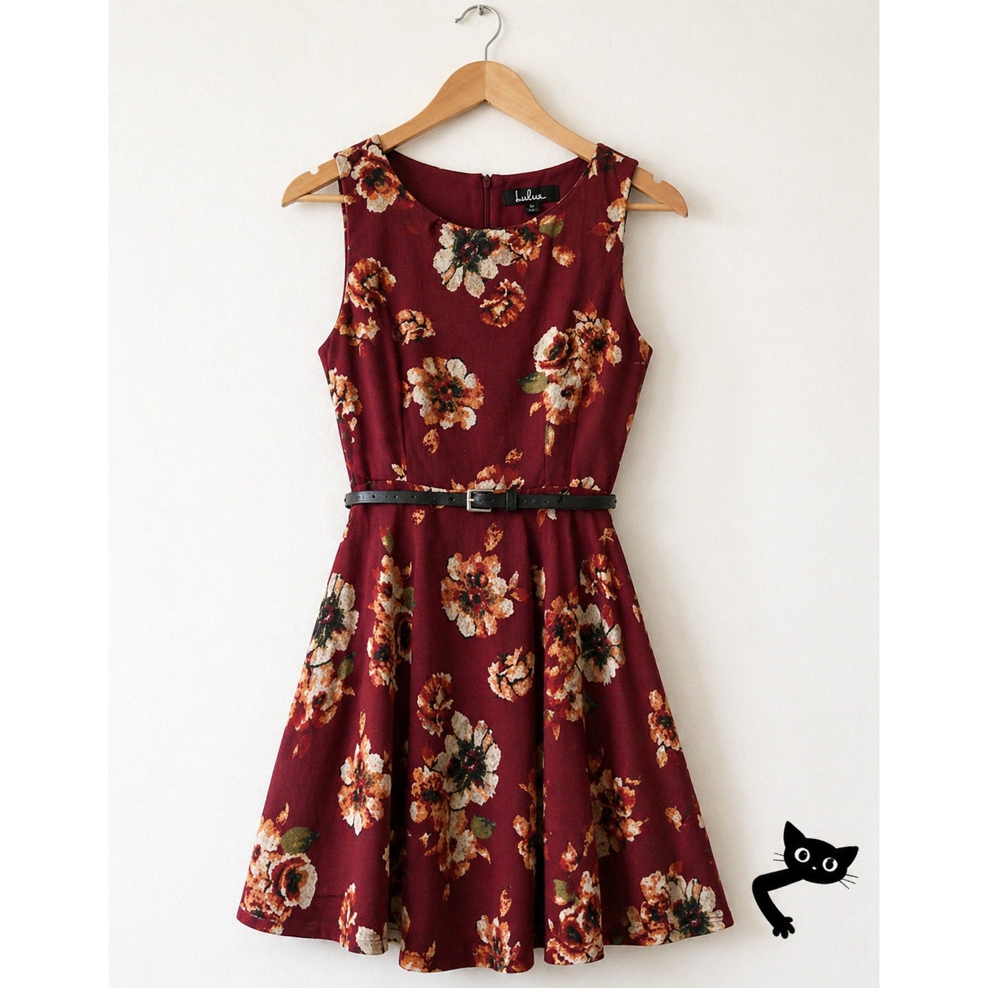 Grunge Y2k Iris Red Wine Floral belted Fit & Flare Sleeveless Knit Dress Small