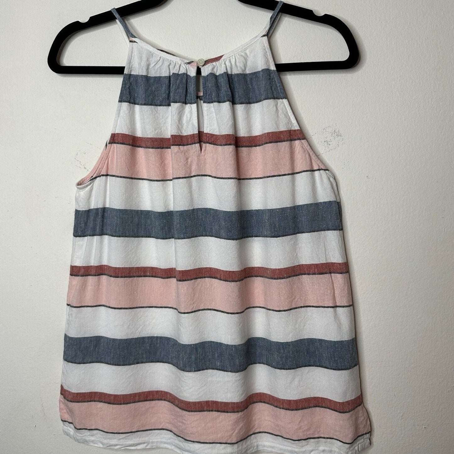 Loft Gray White Pink Stripe Linen Blend Halter Neck Sleeveless Blouse Keyhole SM