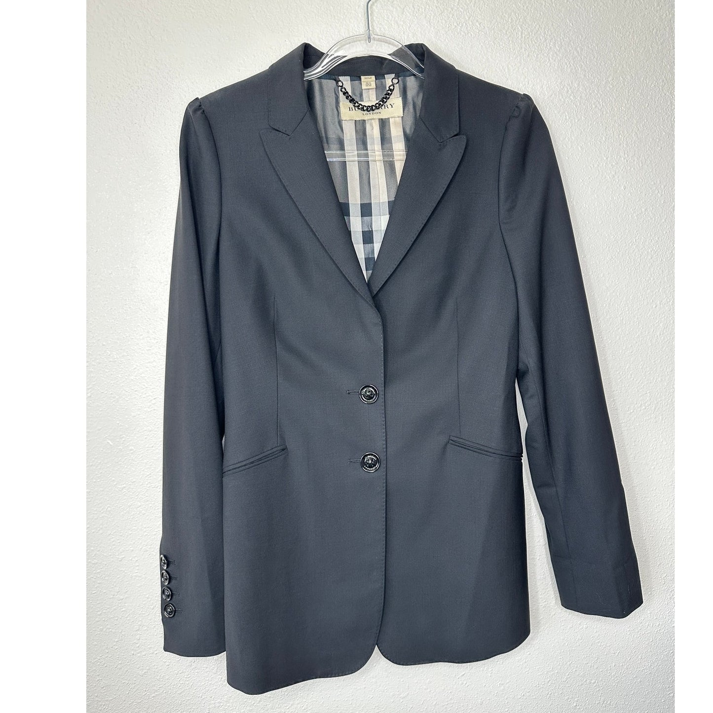 Burberry London Black 2-Button Wool Blazer Plaid Lined women's 8