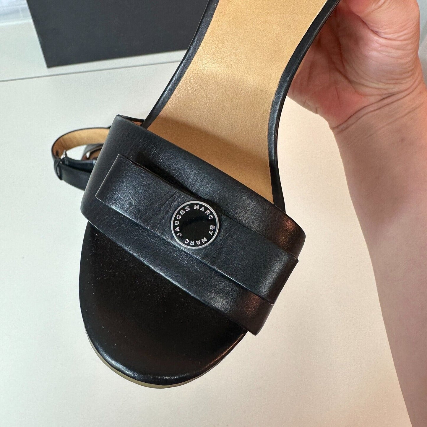 Marc by Marc Jacobs Black Leather & Cork Wedge Ankle Strap Sandals Silver 7.5