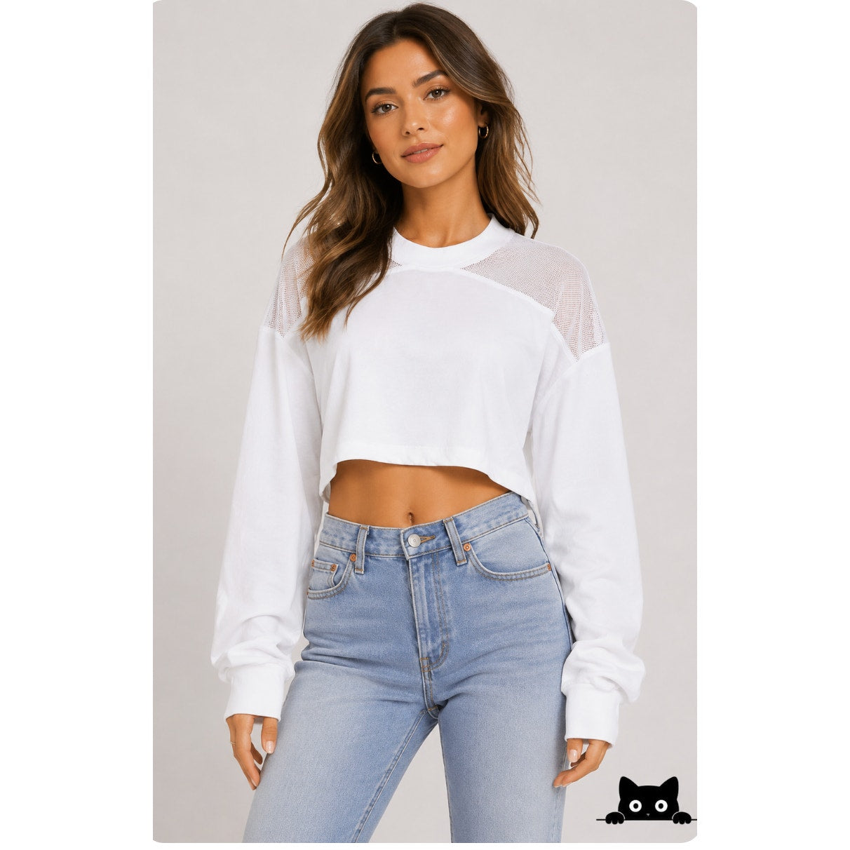 NWT Kendall & Kylie White Mesh Shoulder Raw Hem Long Sleeve Crop Blouse S