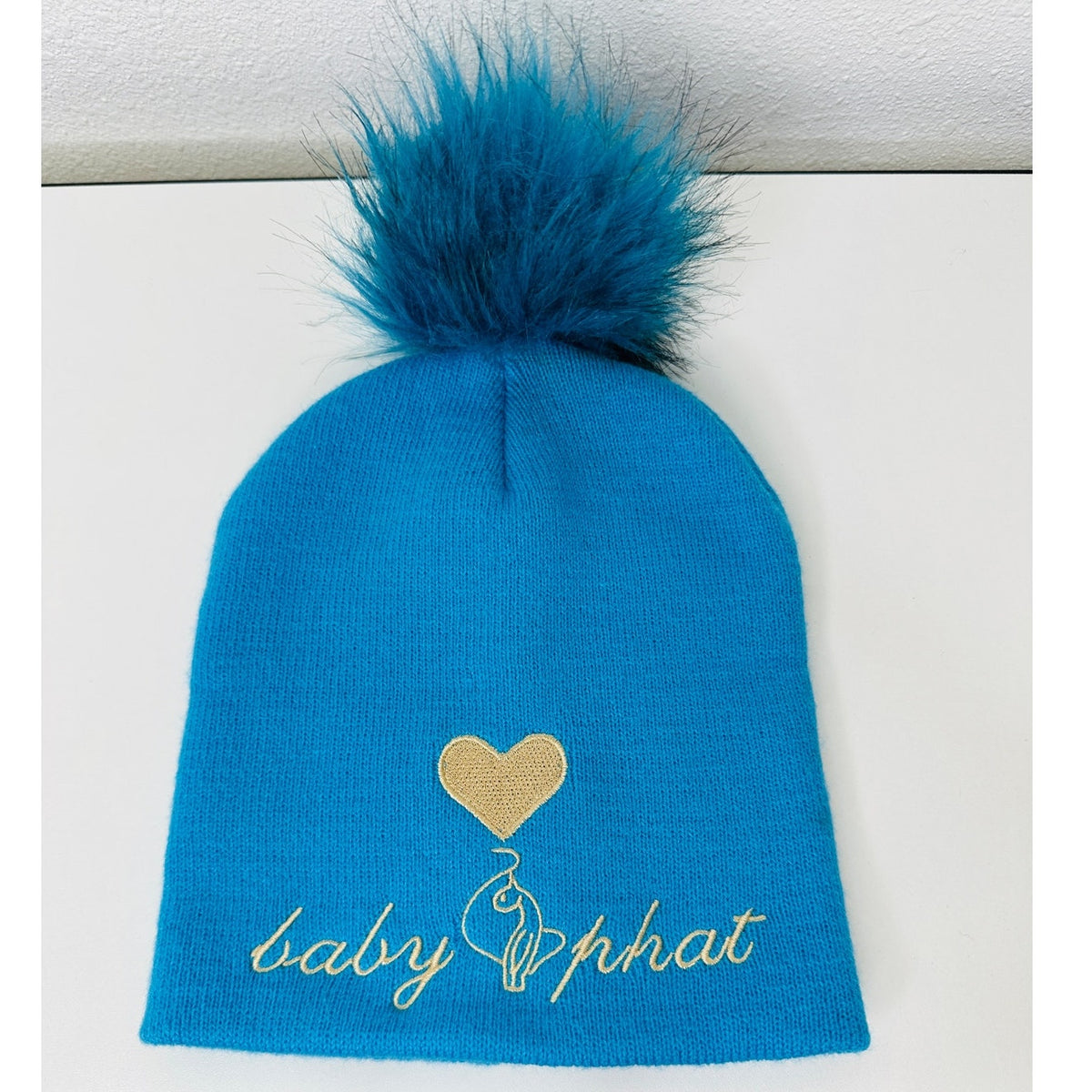 Baby Phat Blue with Gold Logo and Heart Pom Beanie OS