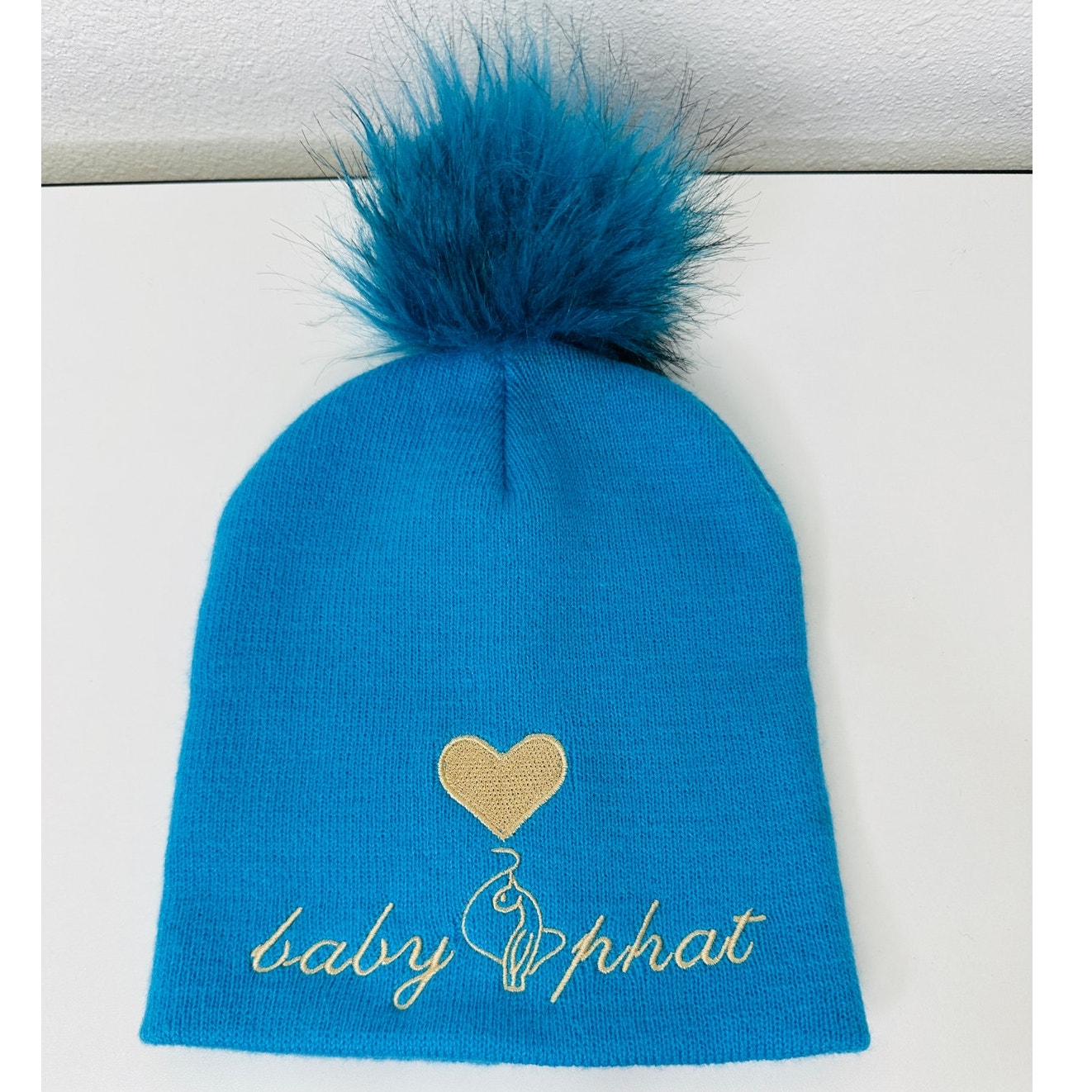 Baby Phat Blue with Gold Logo and Heart Pom Beanie OS