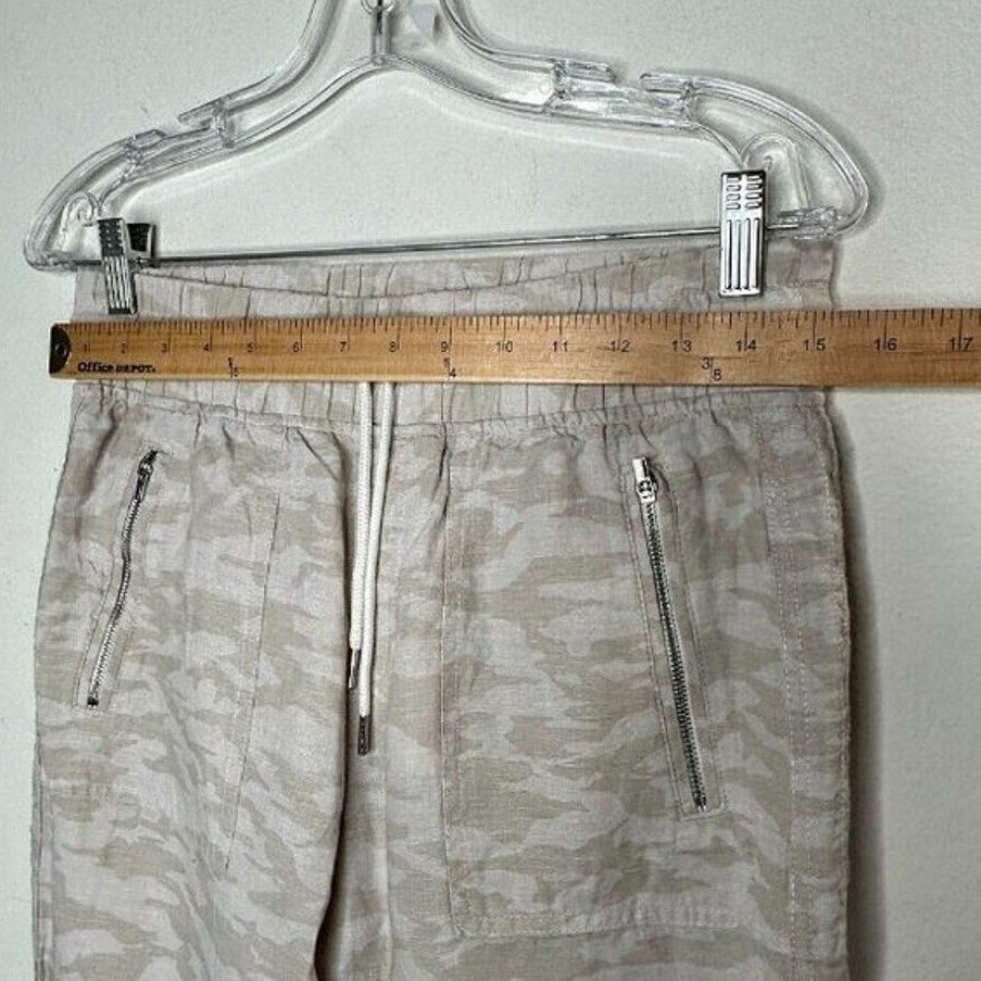 Athleta Cream & Tan Camo Cabo Print Tied Linen Jogger Pant Zip Front Pockets 4