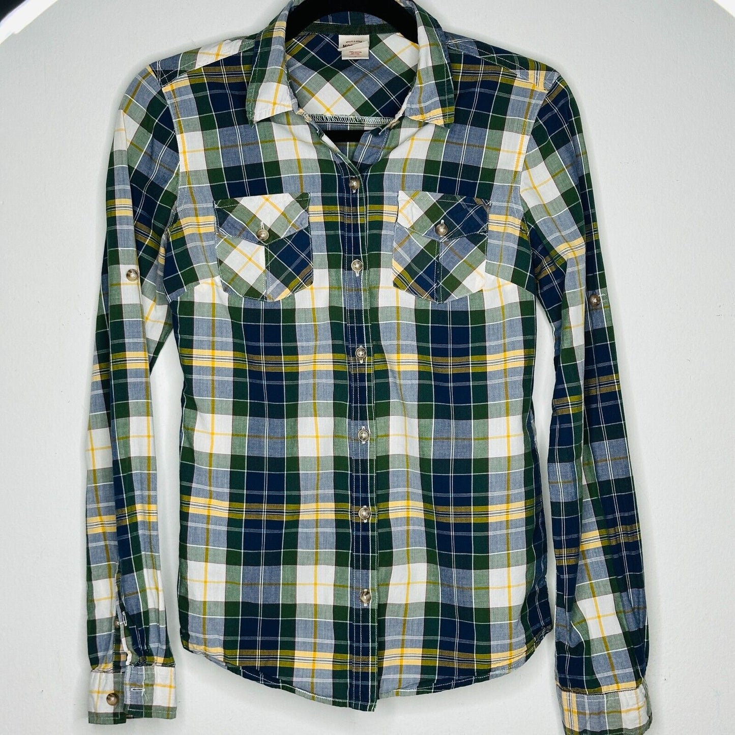 Mossimo Supply Green Blue Yellow White Plaid Button Front Long Sleeve Shirt SM