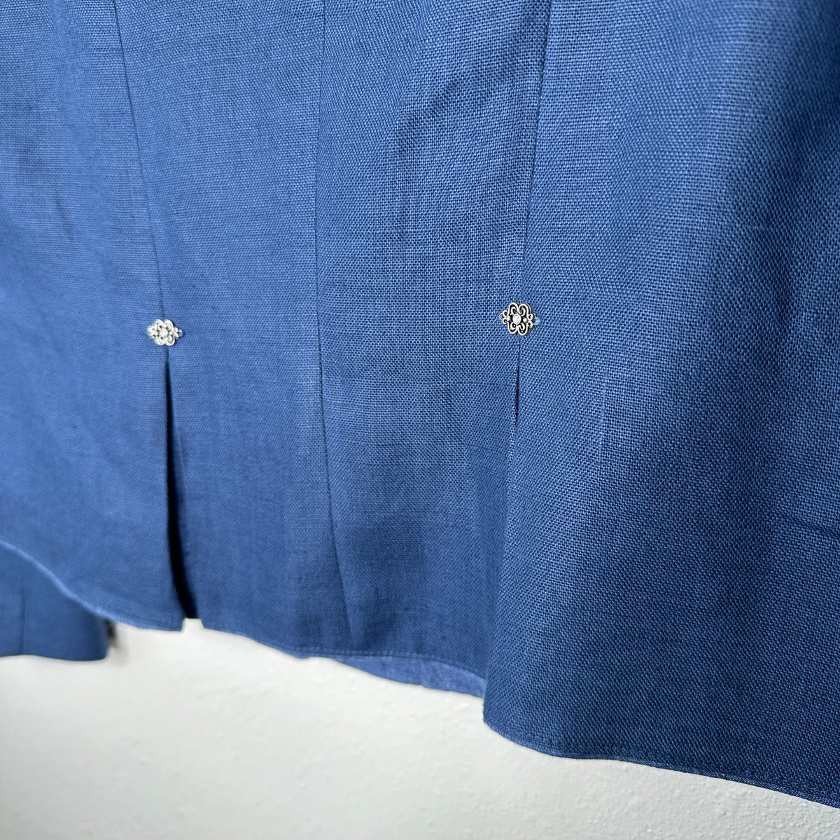 Loden Plankl Denim Blue Linen Band Neck Silver Floral Decorative Buttons Blazer Jacket