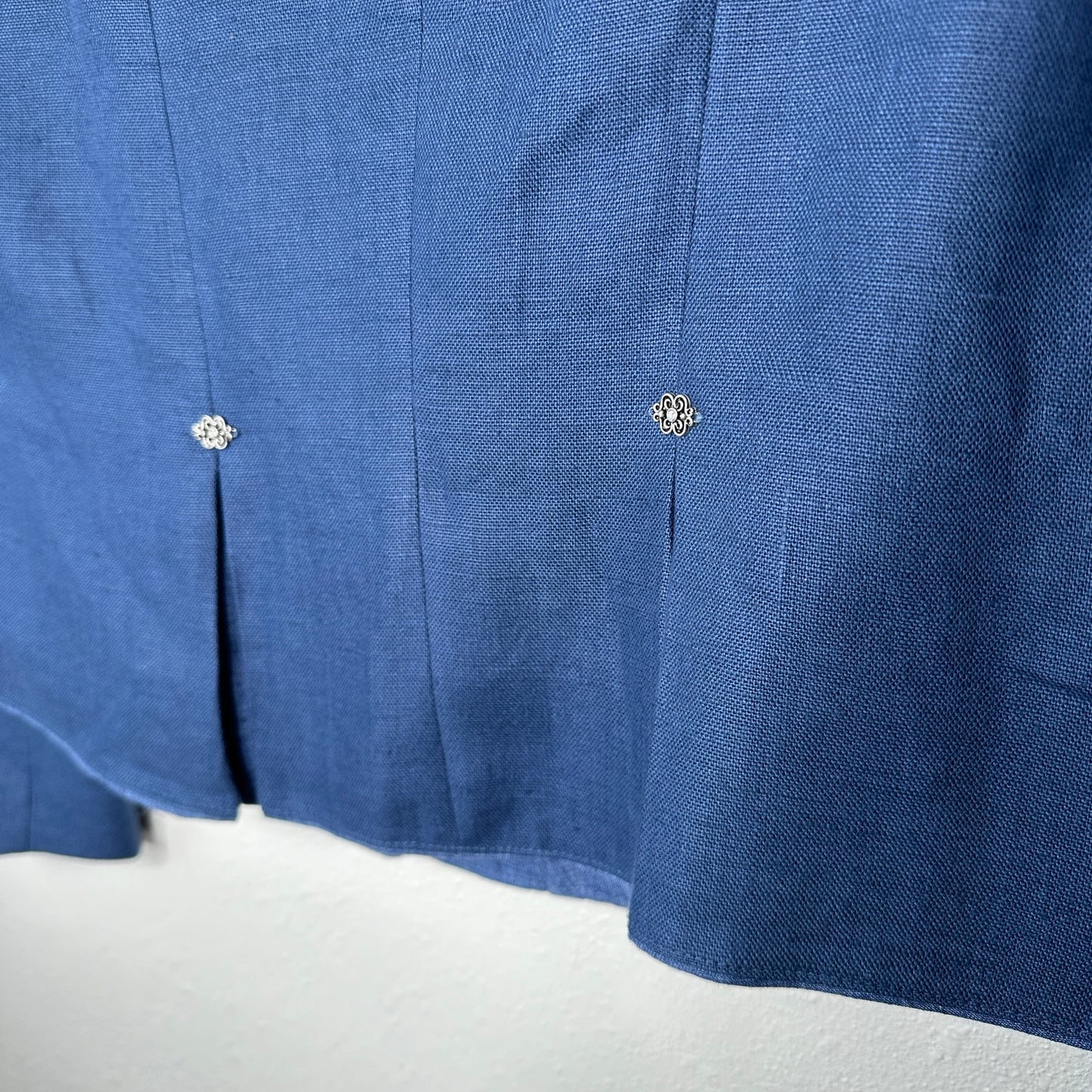 Loden Plankl Denim Blue Linen Band Neck Silver Floral Decorative Buttons Blazer Jacket
