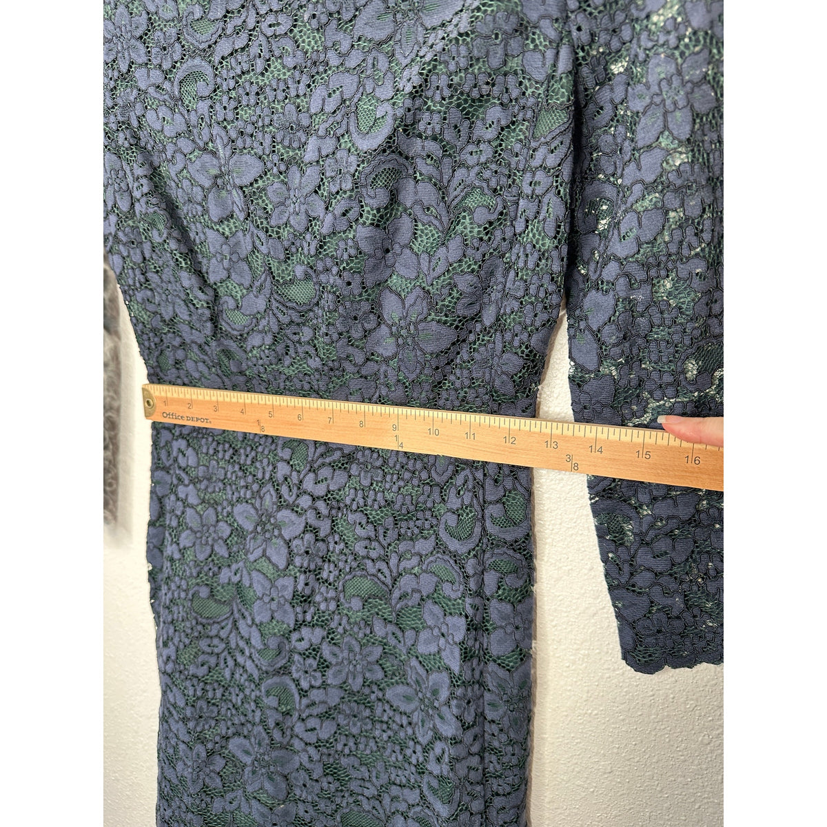Tory Burch Black Lace with Green Contrast Underlay Jewel Neckline Dress 2