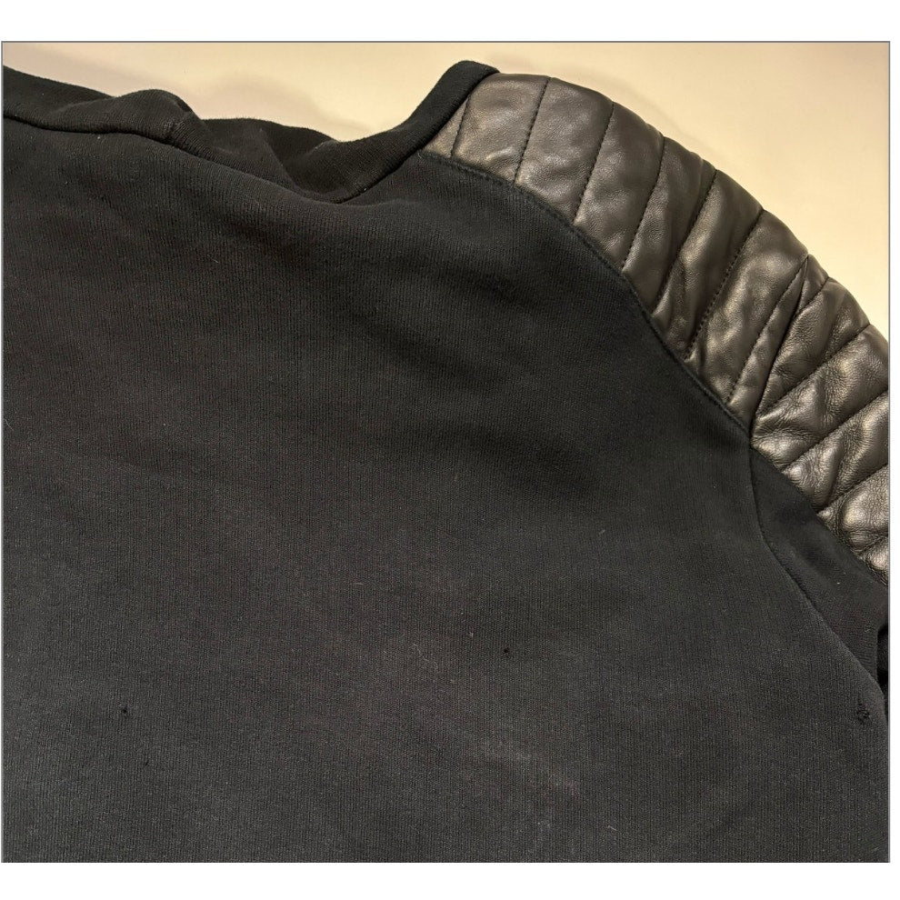 FUC Balmain Black Moto Hoodie Jacket Quilted Leather Shoulder Zip Sweatshirt M