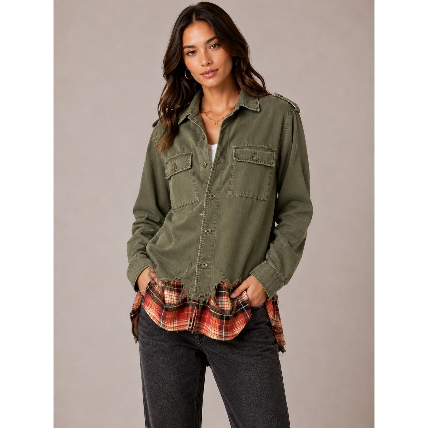 NWT Redemption Handmade Distressed Olive Military Shirt with Plaid Hem 44 / M