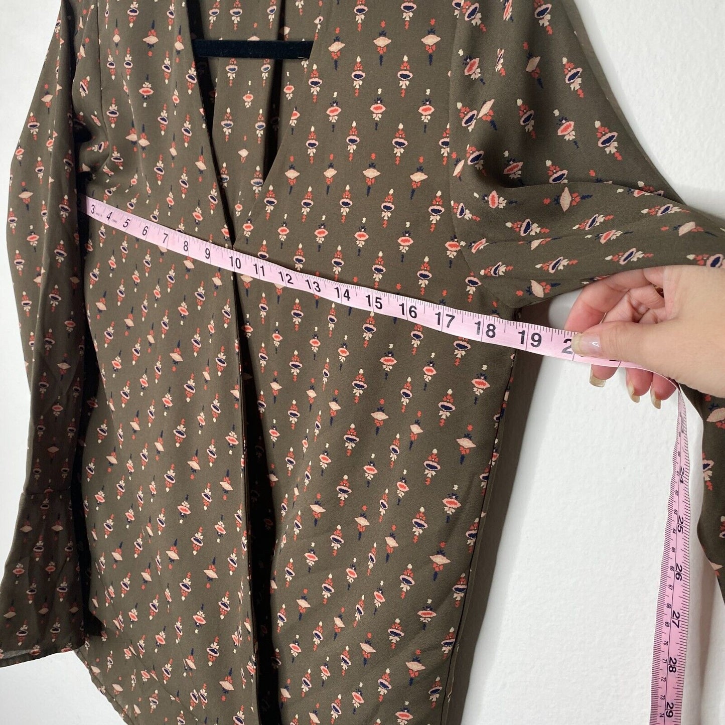 Allison Joy Faux-Wrap Brown Pink Blue Floral Print Design Long Sleeve Blouse XS