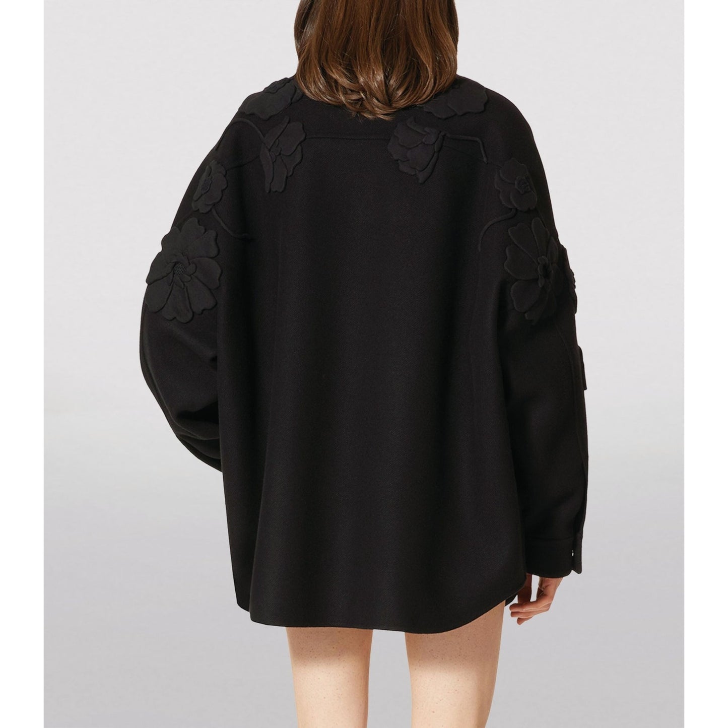 Valentino Garavani Black Wool-Cashmere Floral Applique Jacket