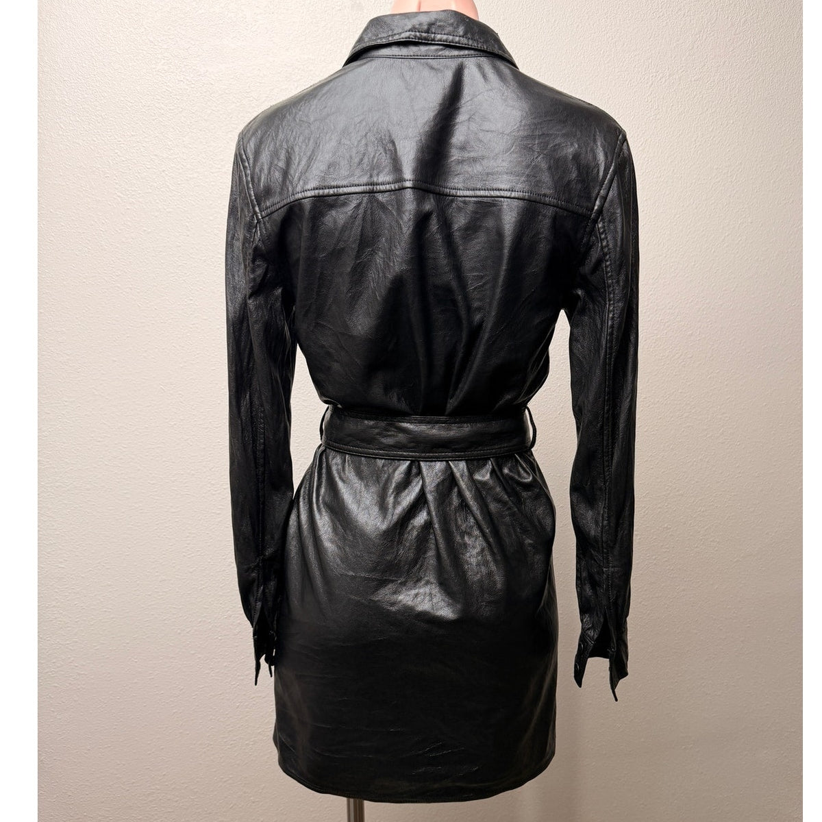 Aritzia Wilfred Caroline Black Vegan Leather Belted Shirt Dress Women's US XXS