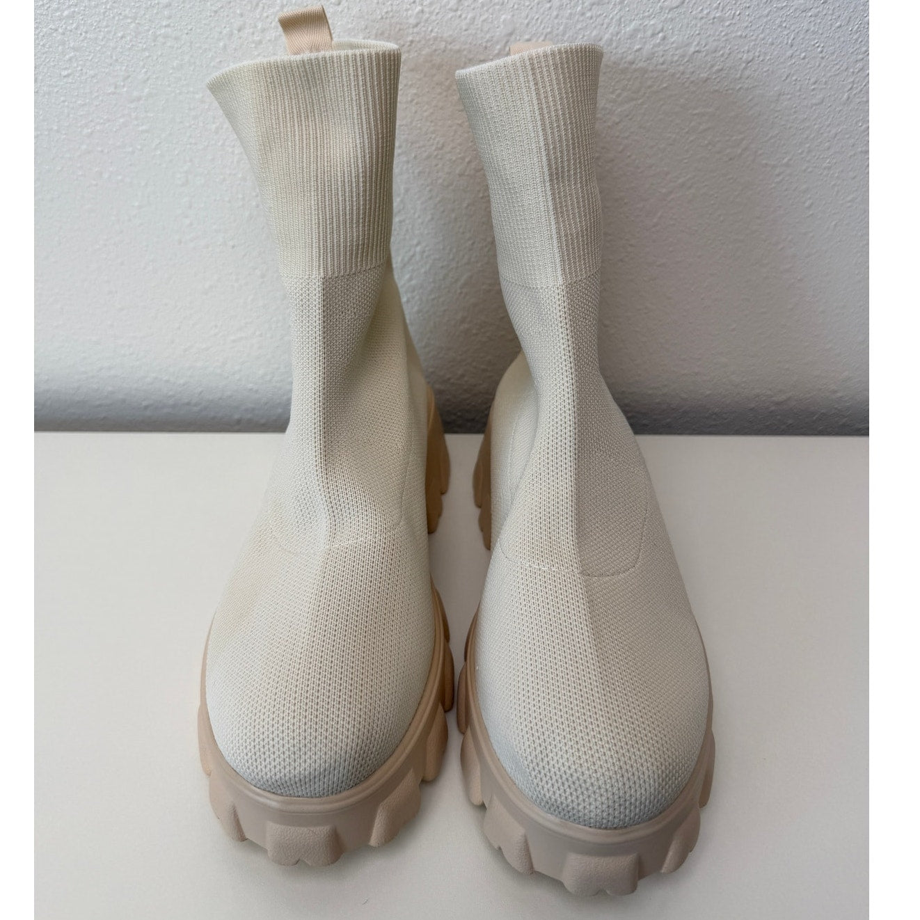 Women's Cream Knit Platform Sock Booties Chunky Lug Sole Boots Size 7