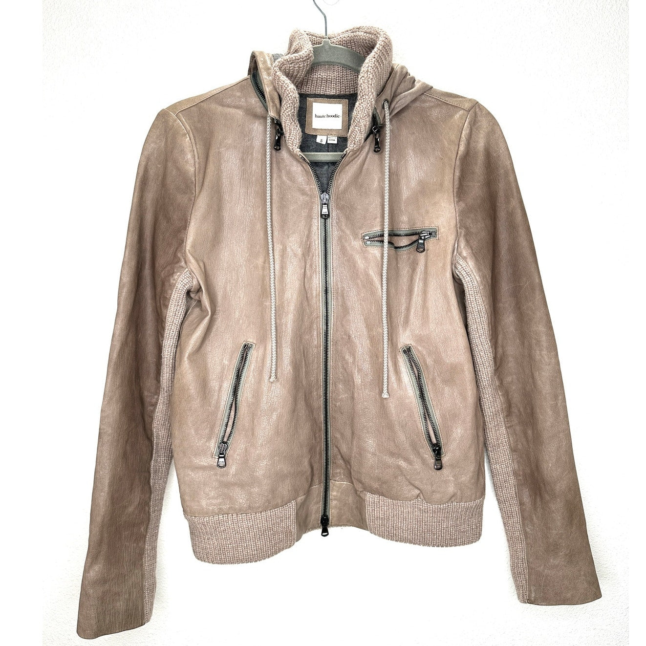Haute Hoodie Fawn Taupe Lamb & Ribbed Knit Front Zip Hoodie Jacket S