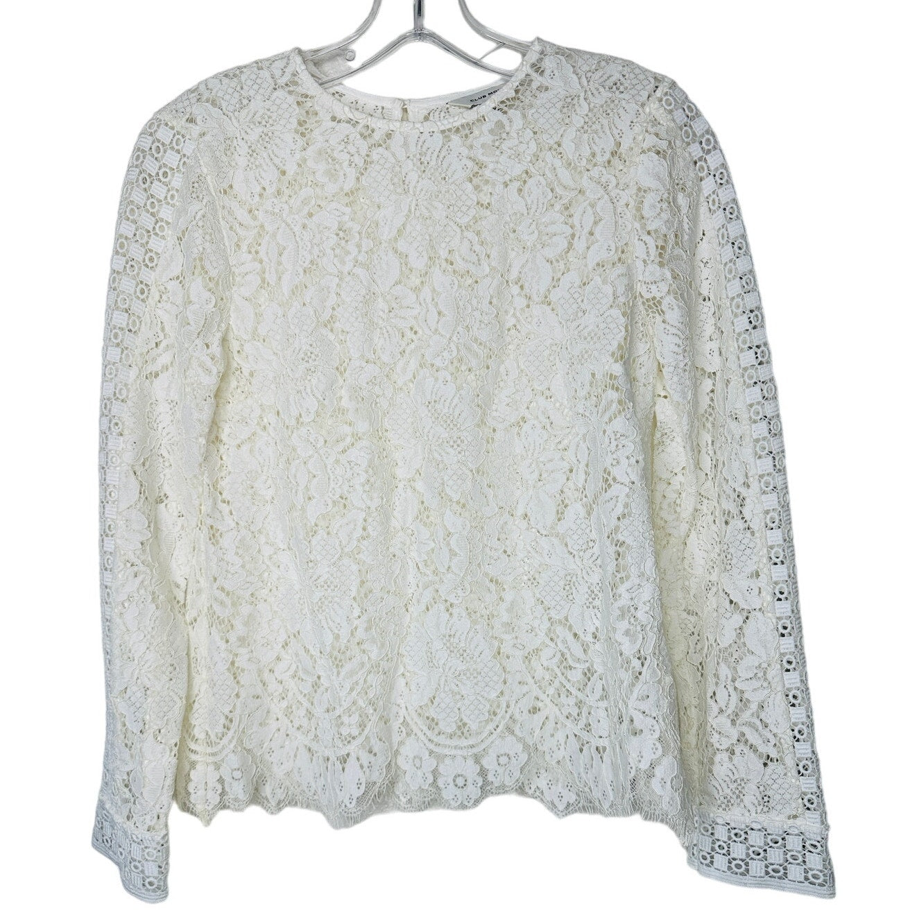 Club Monaco Ivory Floral Lace Round Neck Keyhole Back Long Sleeve Scalloped Hem Blouse XS
