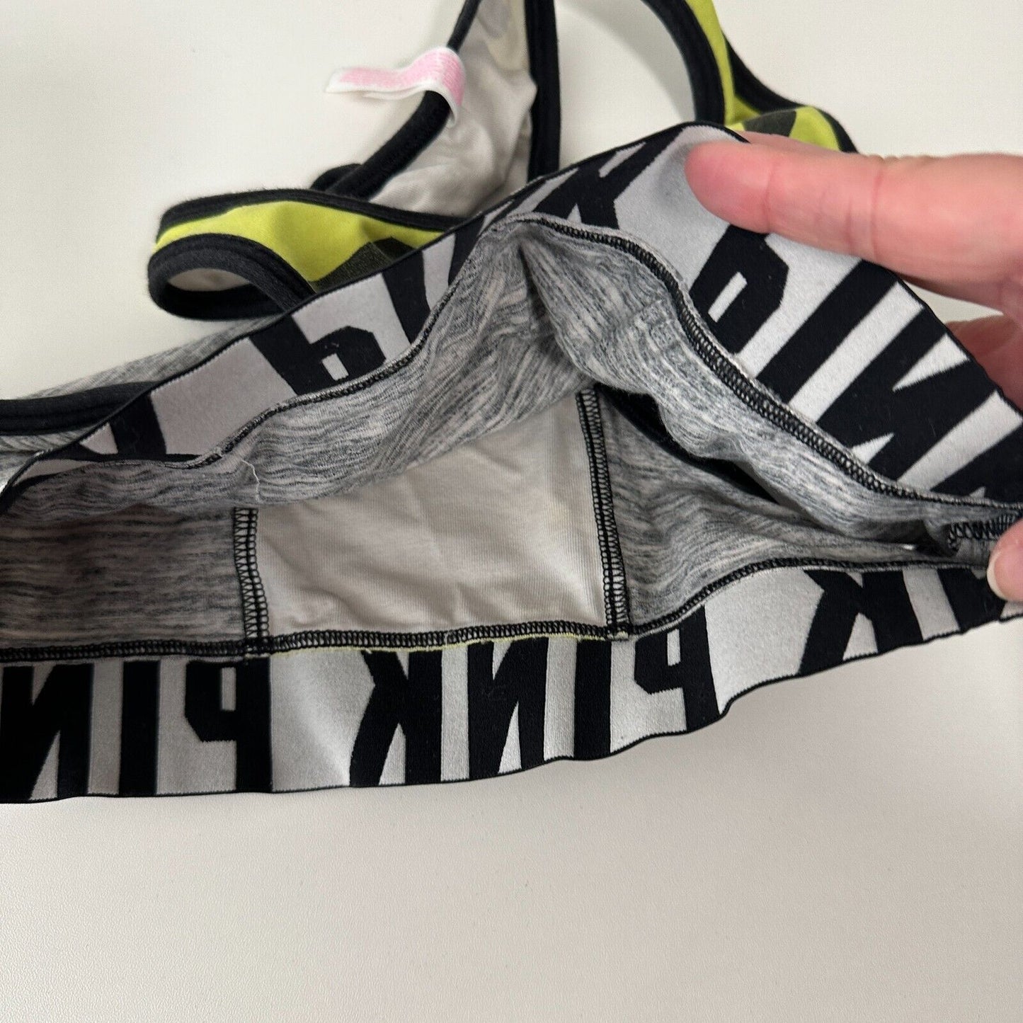 Victoria Secret Pink Gray White Yellow Black Logo Racerback Sports Bra S