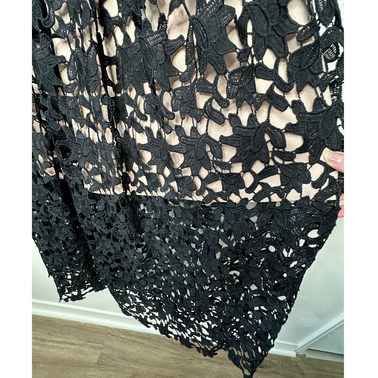 Aqua Black Lace Overlay Tan Lining Spaghetti Strap Cami Midi Dress SM