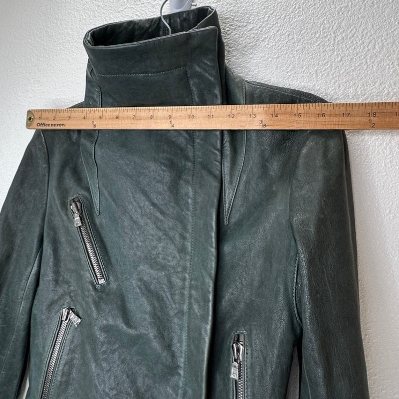 Andrew Marc Olive Green Diagonal Front Zip Leather Moto Jacket XS