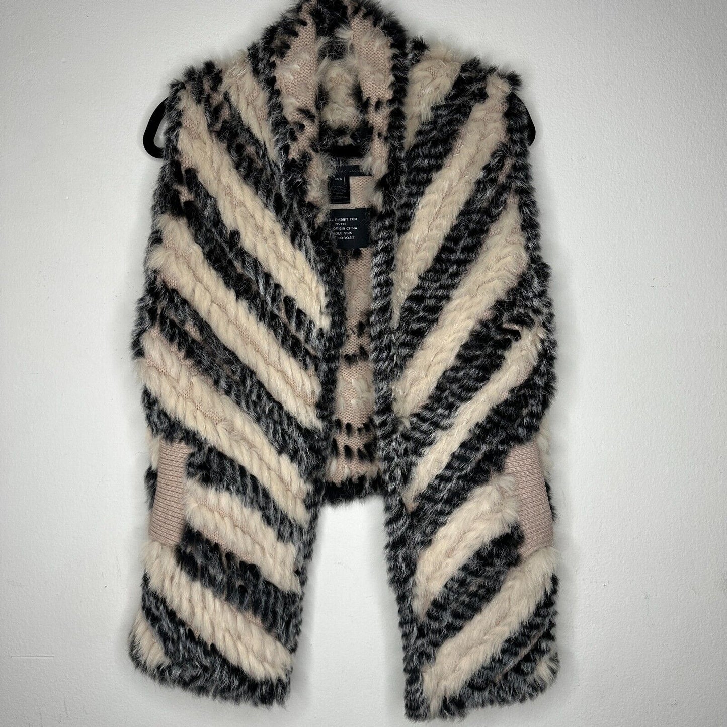 Marc by Marc Jacobs Cream Black Striped Knitted Soft Rabbit Fur Pocket Vest OS